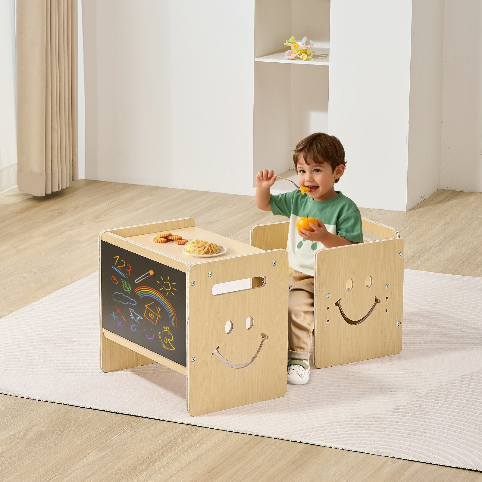 Montessori Adjustable Weaning Table & Chair Set with Chalkboard - 3-in-1 Wooden Toddler Furniture for Drawing, Reading, Eating, Ages 1-5, Natural Wood Finish