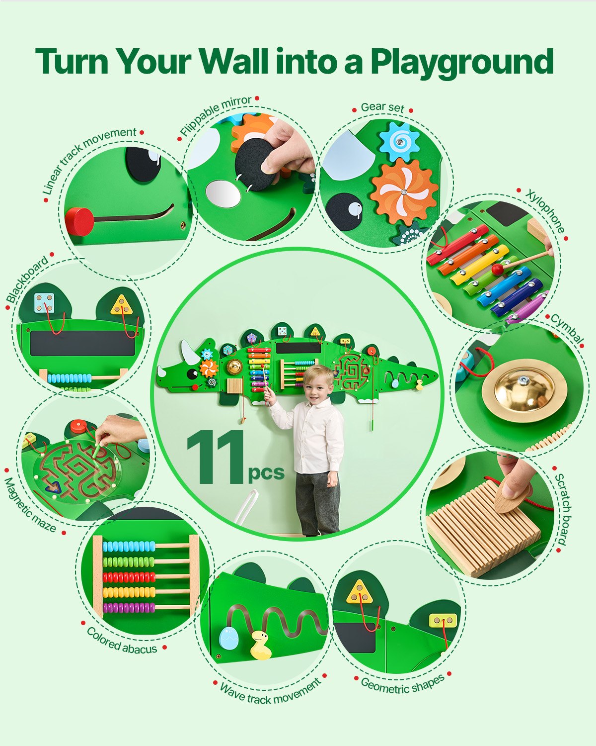Dinosaur Sensory Wall Toy for Kids 3-12, Montessori Activity Center with 11 Engaging Games, Perfect for Playroom, Nursery & Classroom Fun