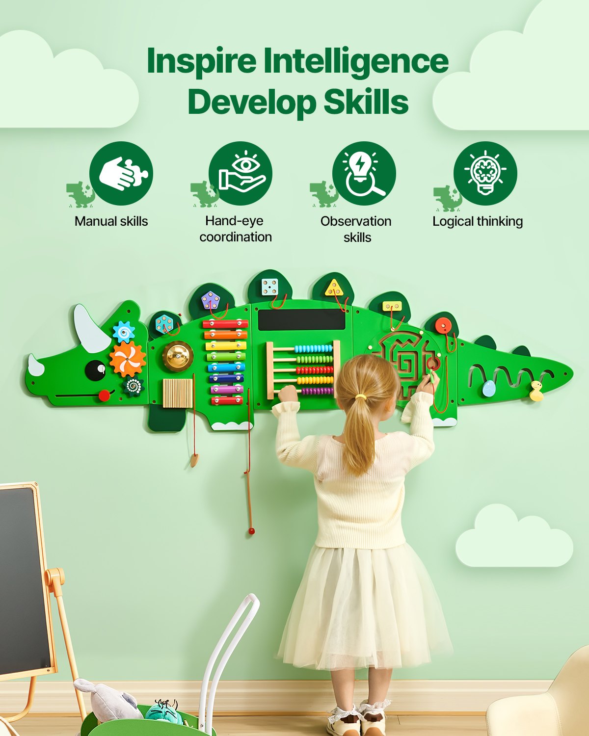 Dinosaur Sensory Wall Toy for Kids 3-12, Montessori Activity Center with 11 Engaging Games, Perfect for Playroom, Nursery & Classroom Fun