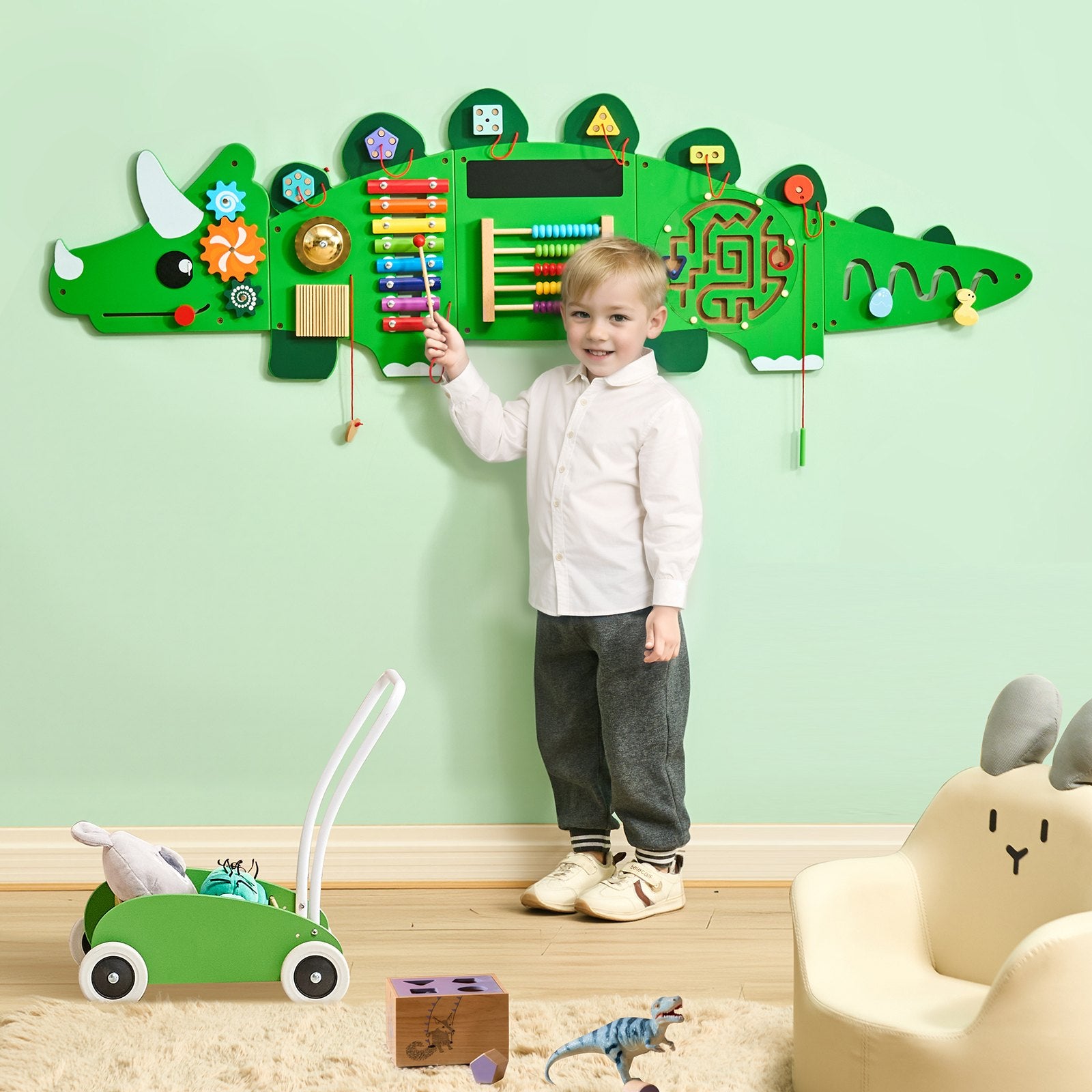 Dinosaur Sensory Wall Toy for Kids 3-12, Montessori Activity Center with 11 Engaging Games, Perfect for Playroom, Nursery & Classroom Fun