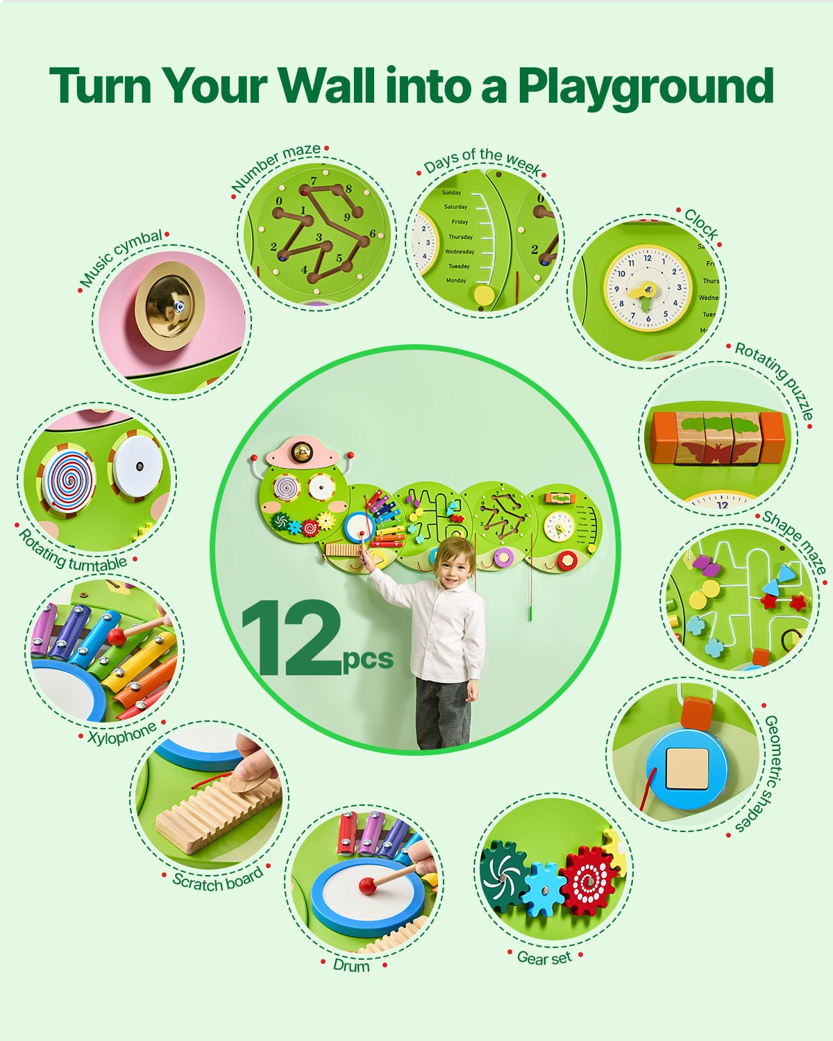 Caterpillar Sensory Activity Wall: Montessori Busy Board with 12 Engaging Activities for Kids, Perfect for Playroom, Nursery, or Classroom Fun