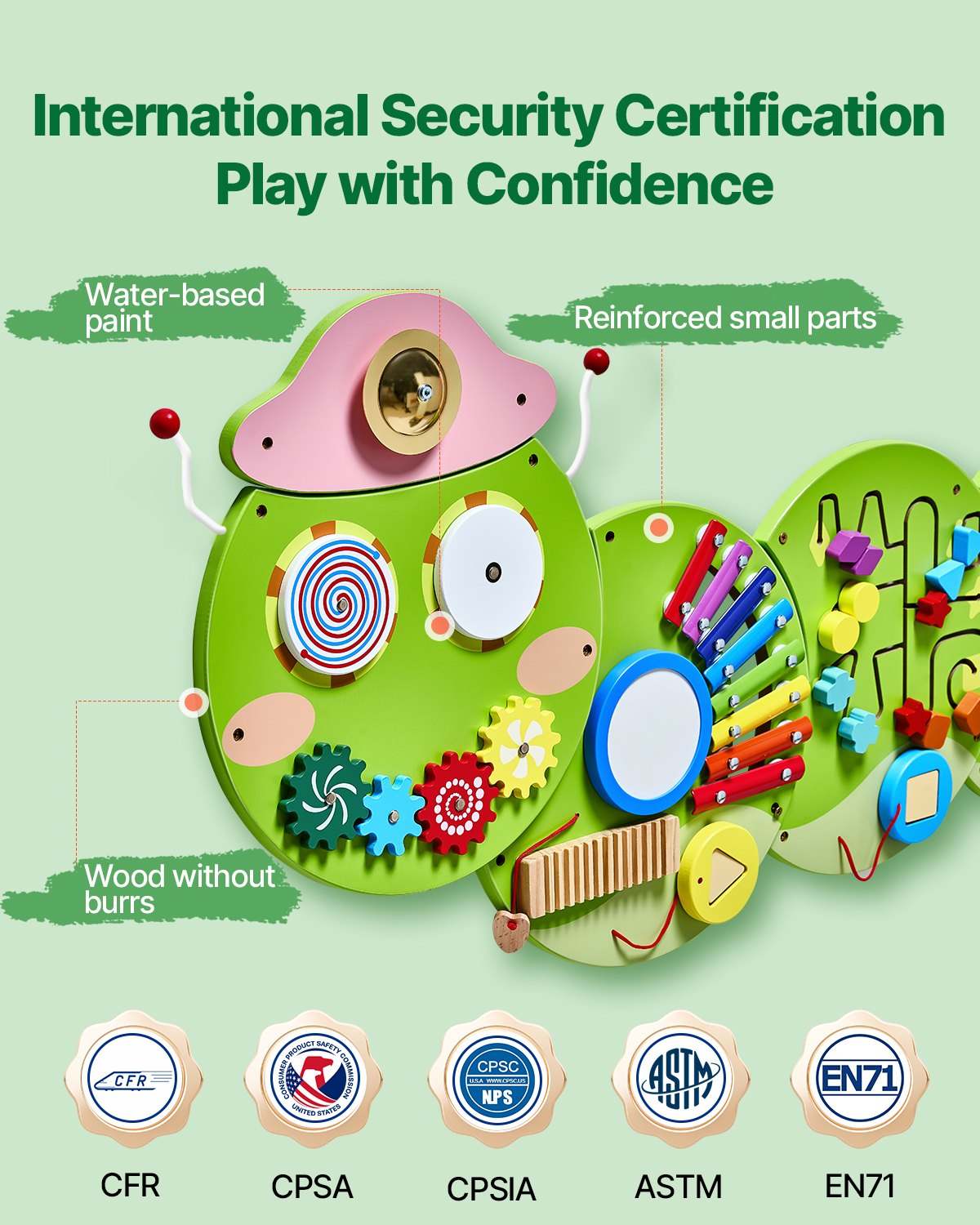 Caterpillar Sensory Activity Wall: Montessori Busy Board with 12 Engaging Activities for Kids, Perfect for Playroom, Nursery, or Classroom Fun