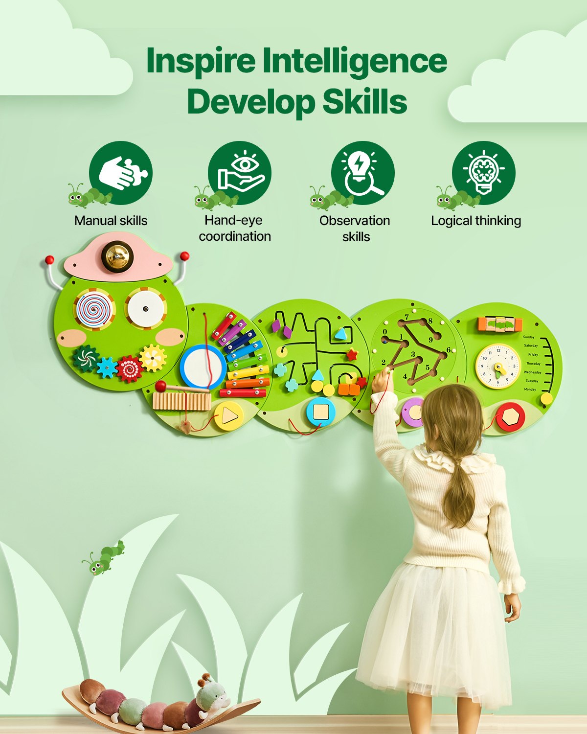 Caterpillar Sensory Activity Wall: Montessori Busy Board with 12 Engaging Activities for Kids, Perfect for Playroom, Nursery, or Classroom Fun