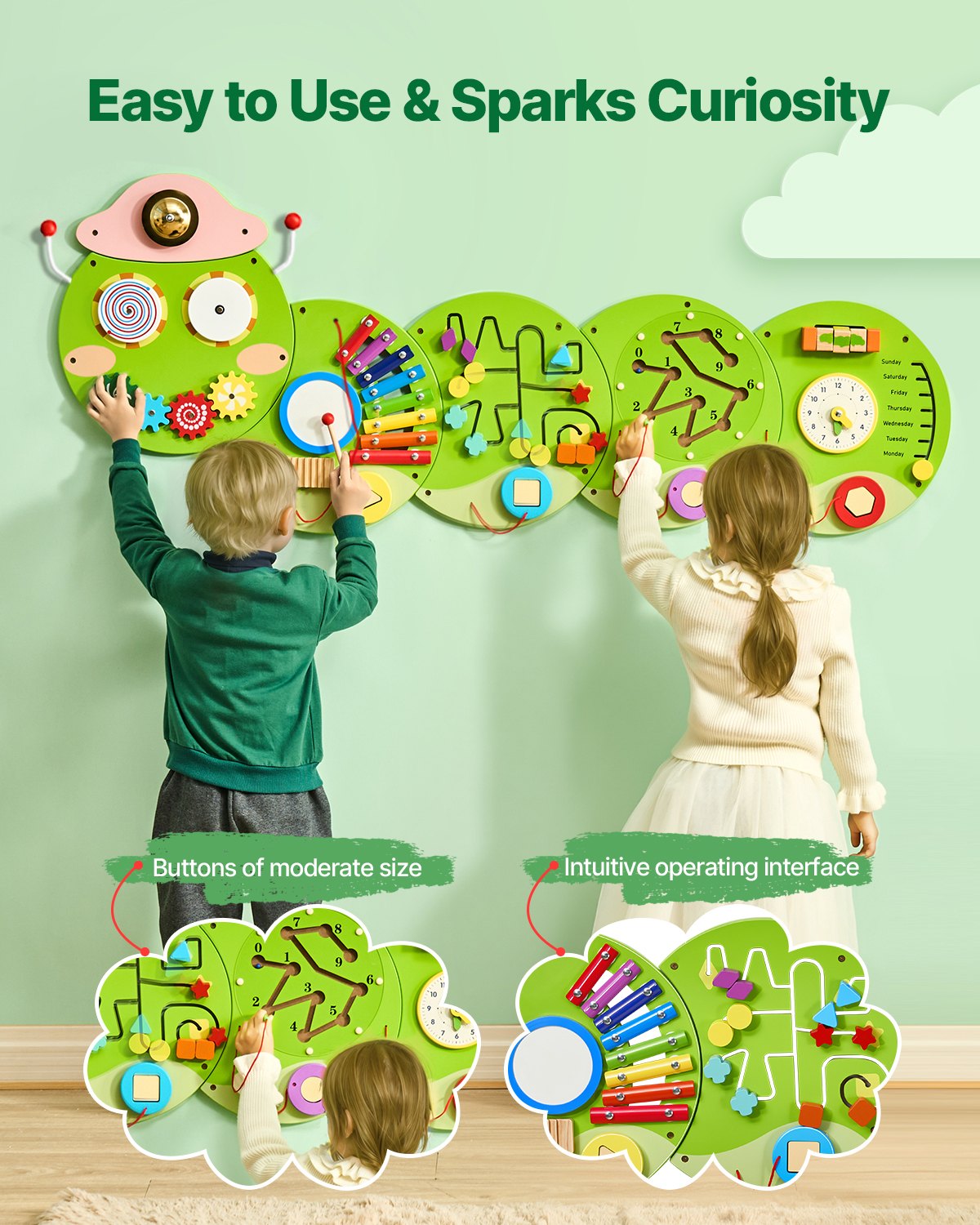 Caterpillar Sensory Activity Wall: Montessori Busy Board with 12 Engaging Activities for Kids, Perfect for Playroom, Nursery, or Classroom Fun