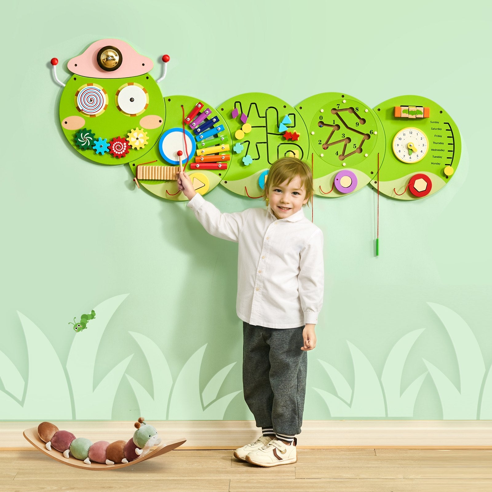 Caterpillar Sensory Activity Wall: Montessori Busy Board with 12 Engaging Activities for Kids, Perfect for Playroom, Nursery, or Classroom Fun