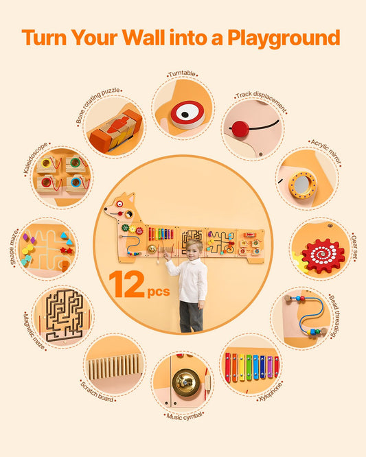 Puppy-Themed Montessori Sensory Wall Toy with 12 Engaging Activities for Kids 3-12, Ideal for Playrooms, Classrooms, & Nurseries