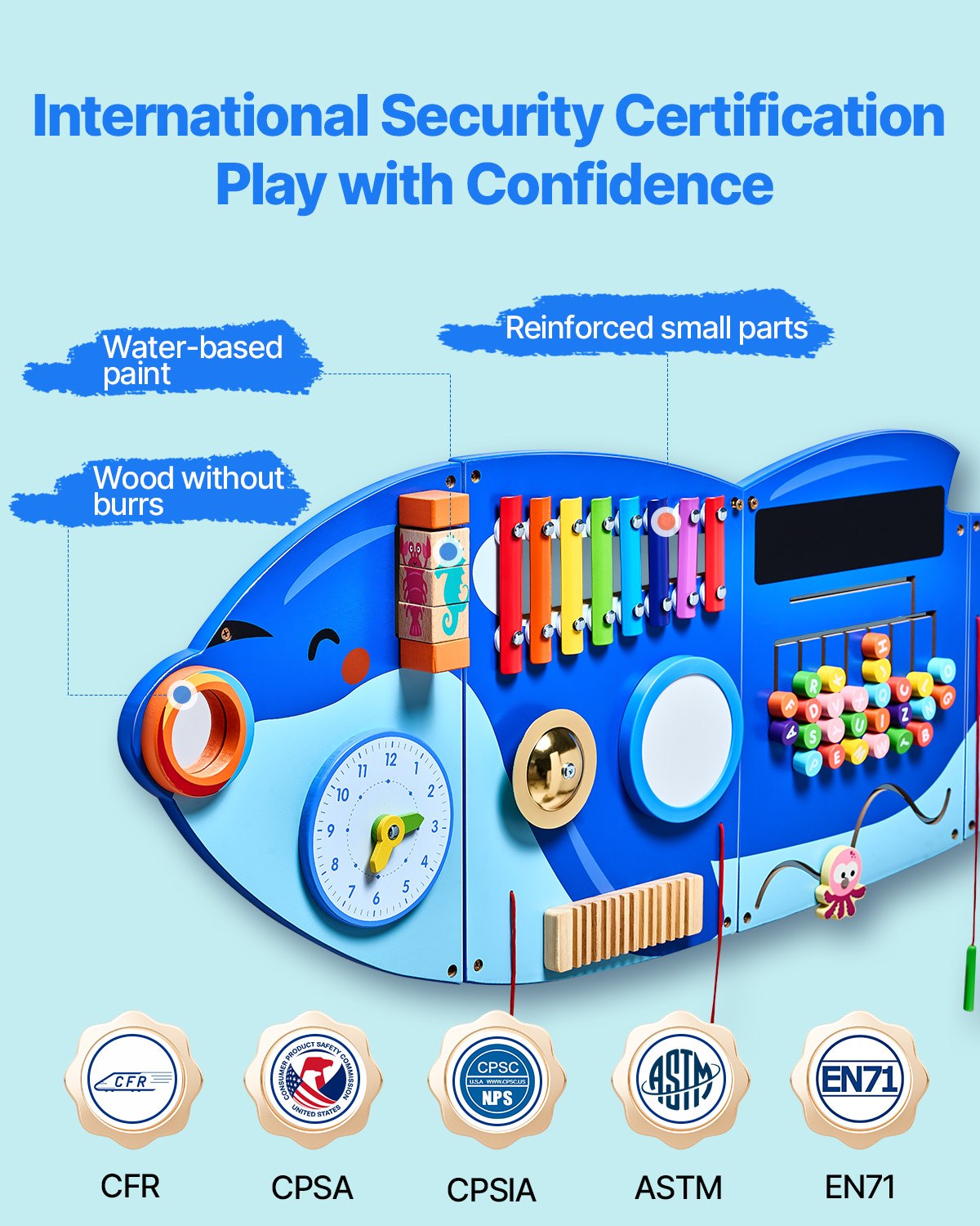 Orca Activity Wall Panels: Montessori Sensory Board with 12 Engaging Activities for Kids 3-12, Perfect for Playroom, Nursery, Classroom Learning