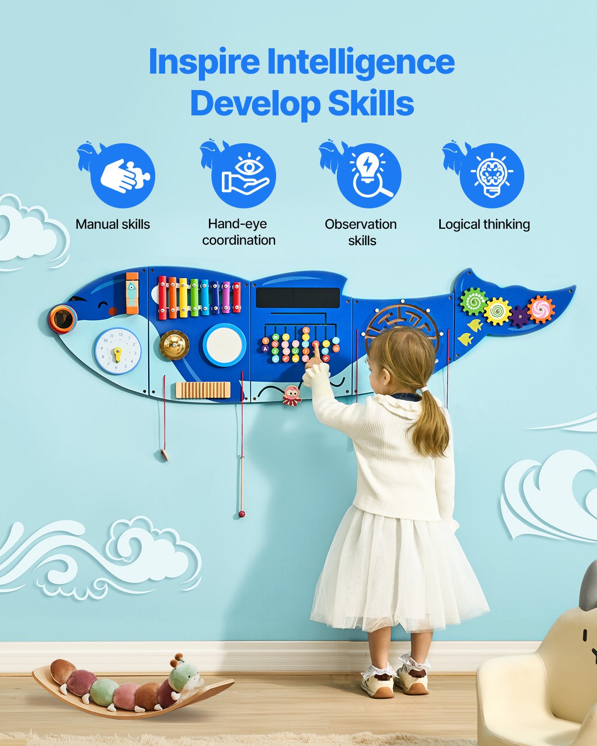 Orca Activity Wall Panels: Montessori Sensory Board with 12 Engaging Activities for Kids 3-12, Perfect for Playroom, Nursery, Classroom Learning