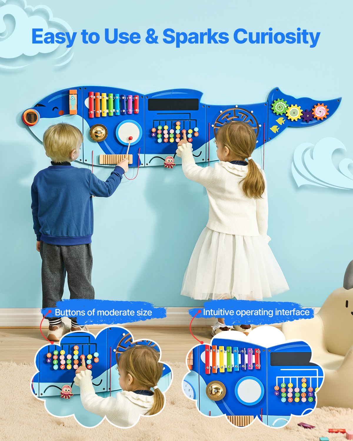 Orca Activity Wall Panels: Montessori Sensory Board with 12 Engaging Activities for Kids 3-12, Perfect for Playroom, Nursery, Classroom Learning