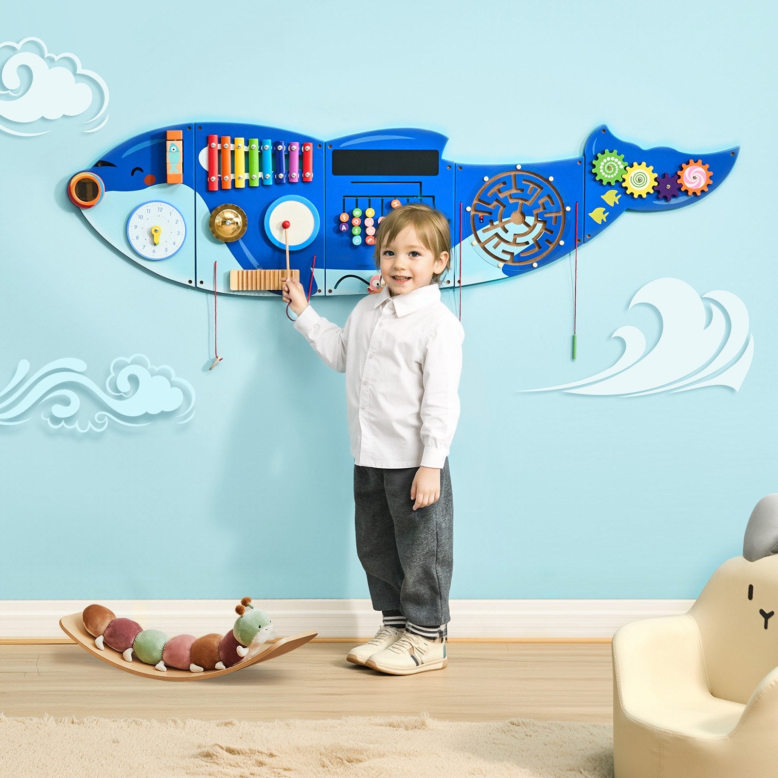 Orca Activity Wall Panels: Montessori Sensory Board with 12 Engaging Activities for Kids 3-12, Perfect for Playroom, Nursery, Classroom Learning