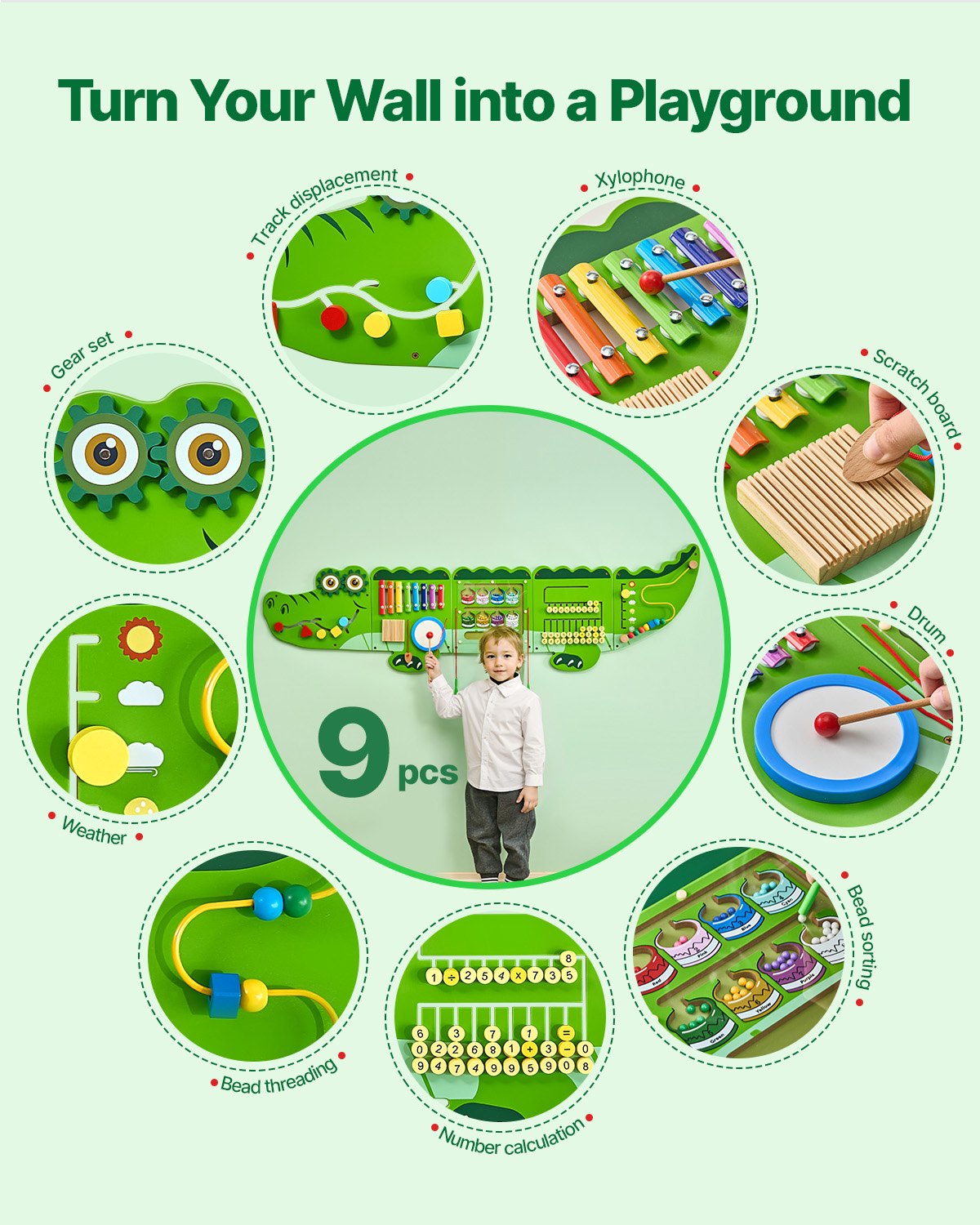 Crocodile Themed Montessori Sensory Wall Panels with 9 Engaging Activities for Kids 3-12, Ideal for Playroom, Nursery, Classroom Fun