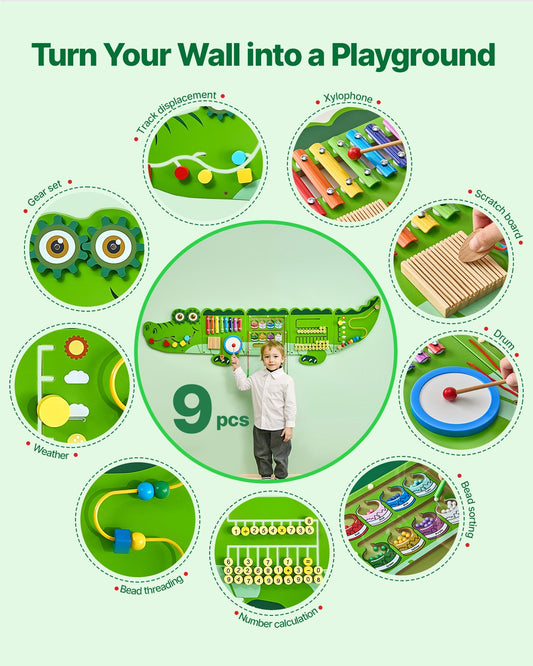 Crocodile Themed Montessori Sensory Wall Panels with 9 Engaging Activities for Kids 3-12, Ideal for Playroom, Nursery, Classroom Fun