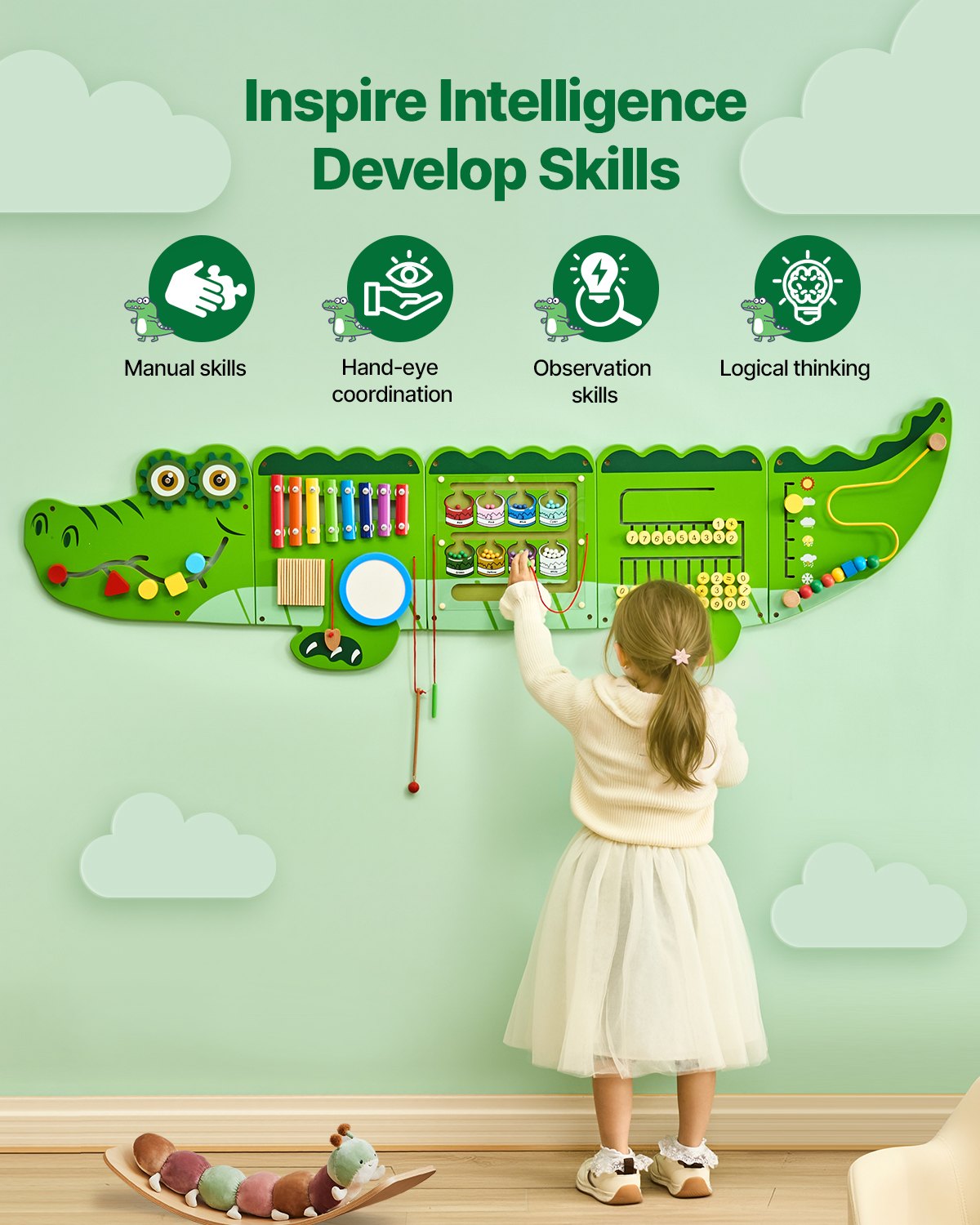 Crocodile Themed Montessori Sensory Wall Panels with 9 Engaging Activities for Kids 3-12, Ideal for Playroom, Nursery, Classroom Fun