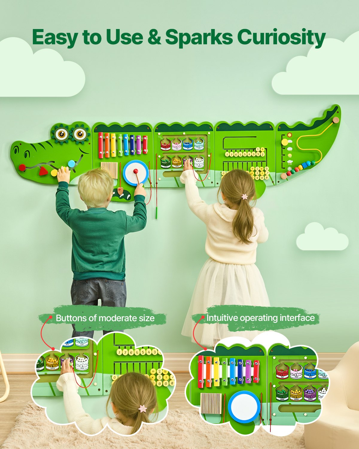 Crocodile Themed Montessori Sensory Wall Panels with 9 Engaging Activities for Kids 3-12, Ideal for Playroom, Nursery, Classroom Fun