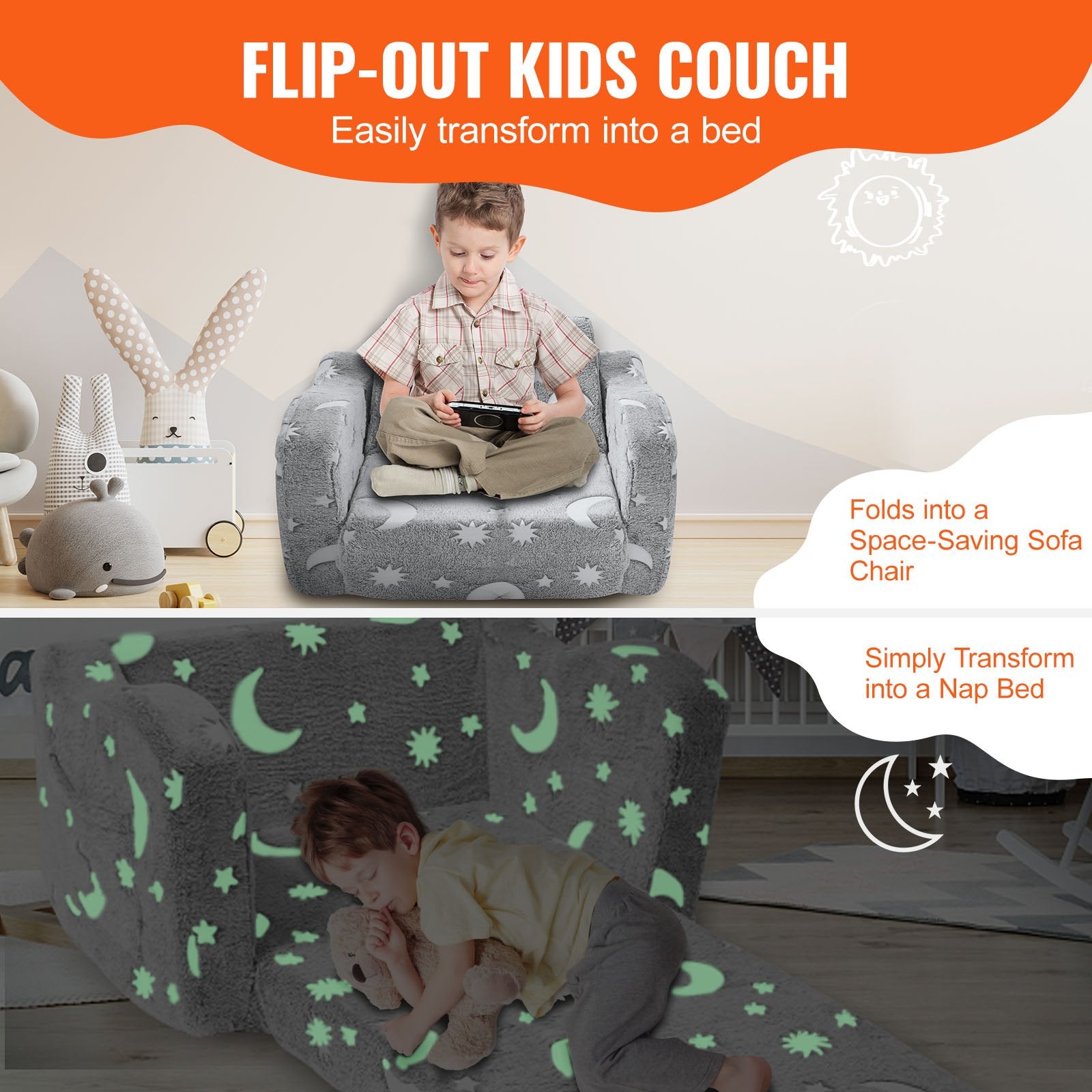 2-in-1 Convertible Glow-in-the-Dark Sofa for Kids - Extra Soft Flip-out Couch Chair for Bedroom, Playroom Lounger, Premium 25D Sponge