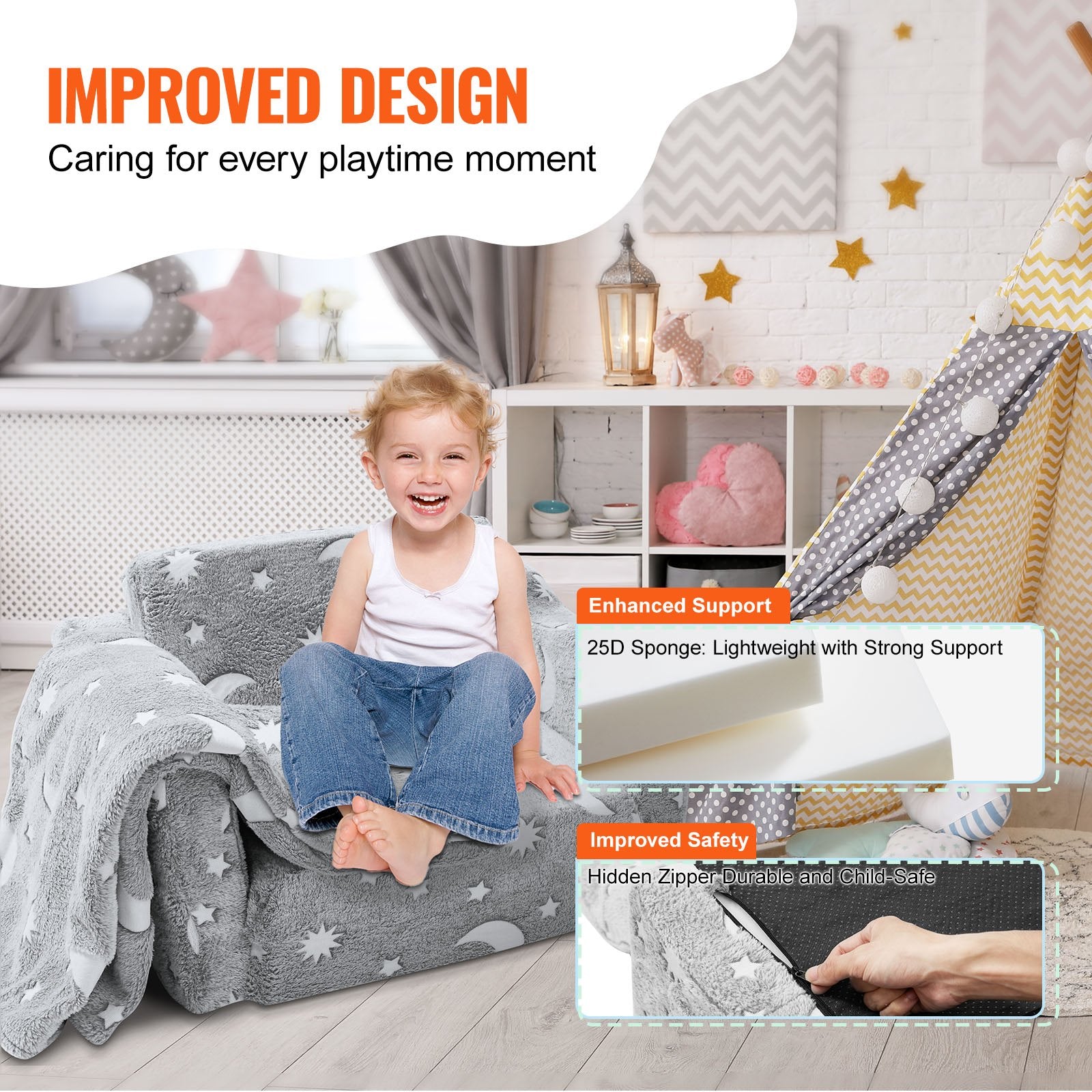 2-in-1 Convertible Glow-in-the-Dark Sofa for Kids - Extra Soft Flip-out Couch Chair for Bedroom, Playroom Lounger, Premium 25D Sponge