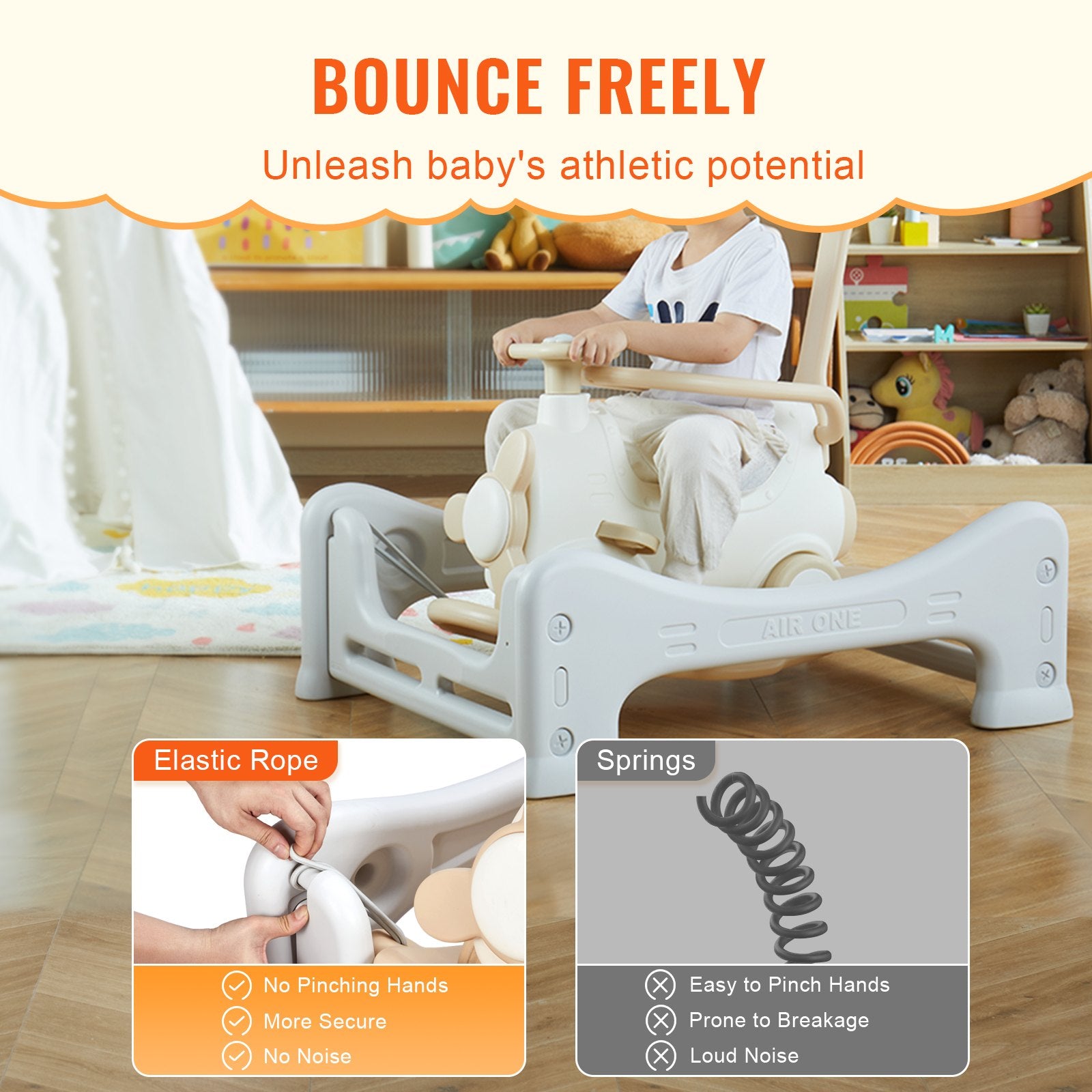 5-in-1 Toddler Rocking Horse with Trampoline, Balance Board, Push Handle, Smooth Wheels, Supports Up to 80lbs, Perfect Ride-On Toy for Ages 1-3