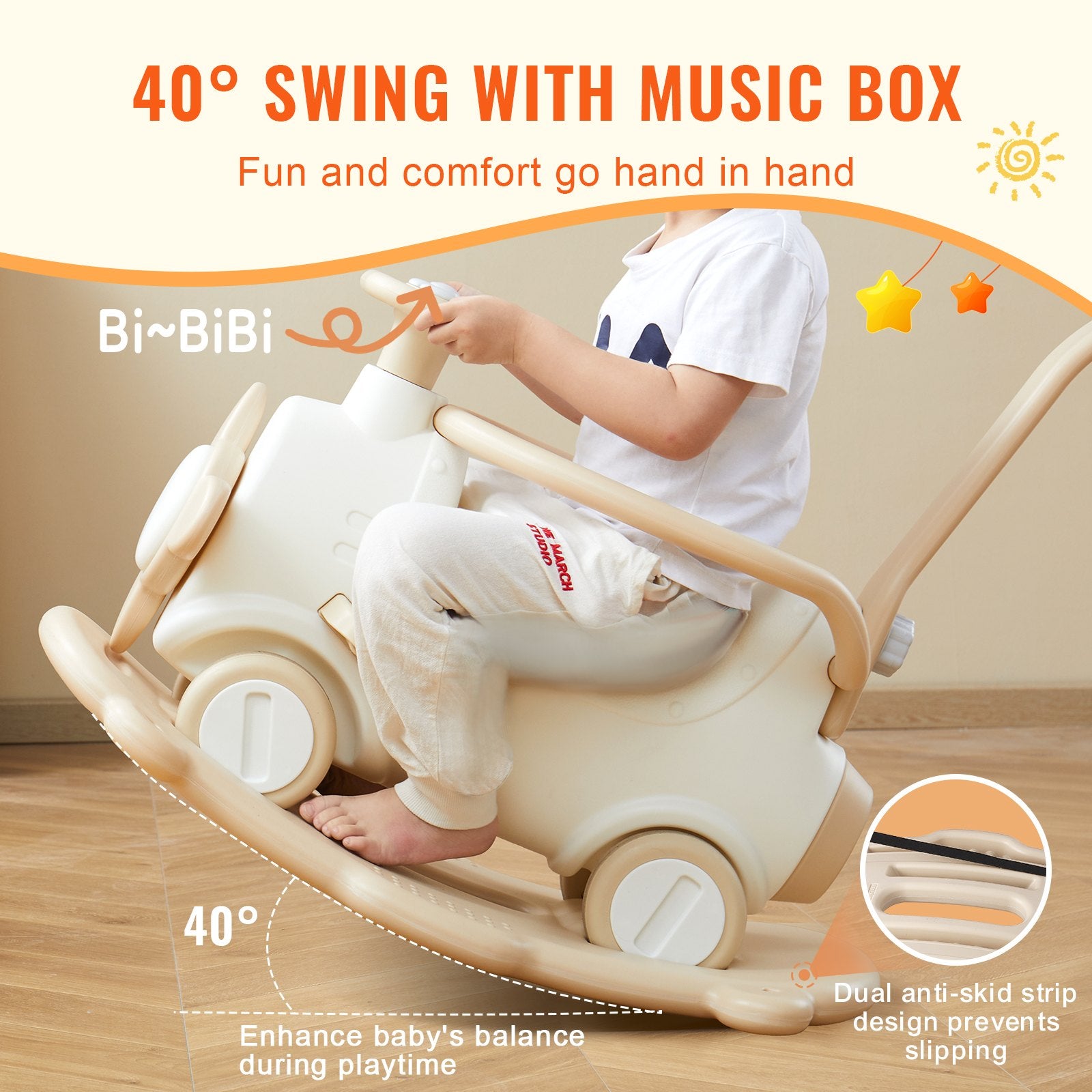 5-in-1 Toddler Rocking Horse with Trampoline, Balance Board, Push Handle, Smooth Wheels, Supports Up to 80lbs, Perfect Ride-On Toy for Ages 1-3