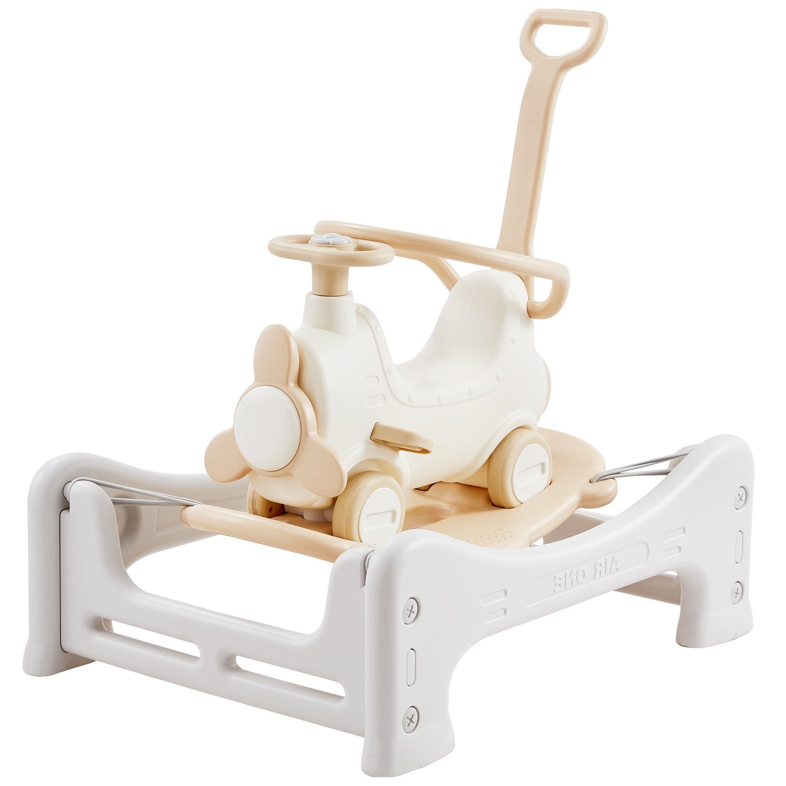 5-in-1 Toddler Rocking Horse with Trampoline, Balance Board, Push Handle, Smooth Wheels, Supports Up to 80lbs, Perfect Ride-On Toy for Ages 1-3