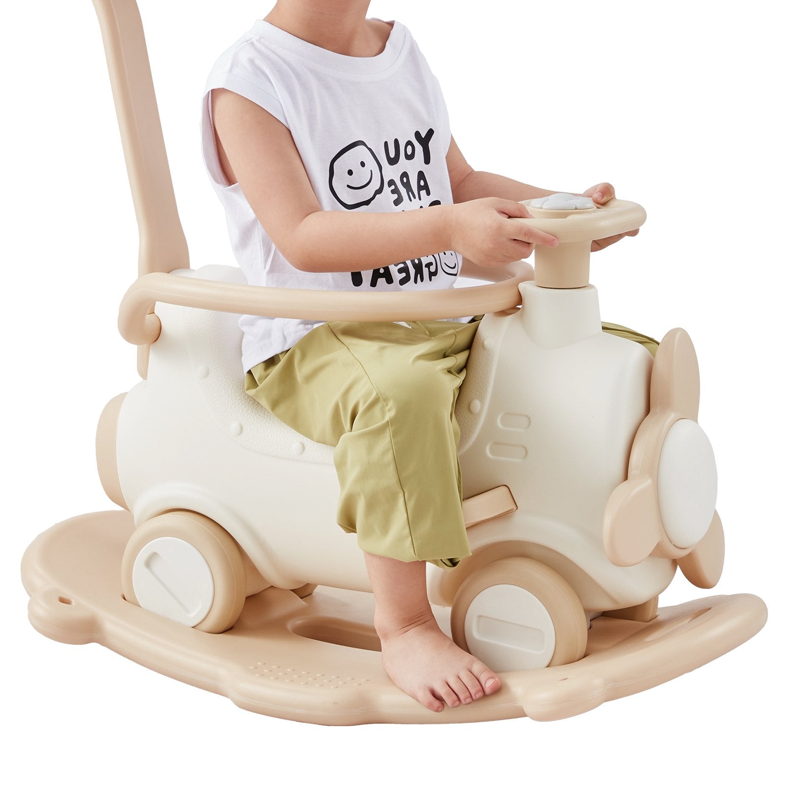 5-in-1 Toddler Rocking Horse with Trampoline, Balance Board, Push Handle, Smooth Wheels, Supports Up to 80lbs, Perfect Ride-On Toy for Ages 1-3