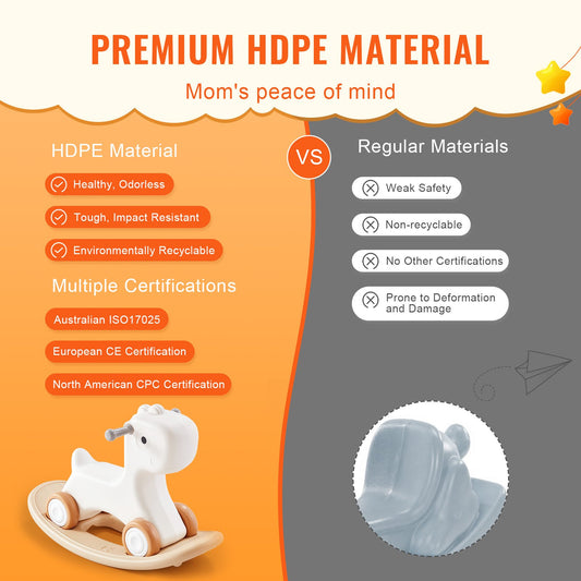 Versatile 3-in-1 White Rocking Horse for Toddlers with Detachable Balance Board, Smooth Wheels, 80 lbs Capacity, Safe HDPE Material, Ages 1-3