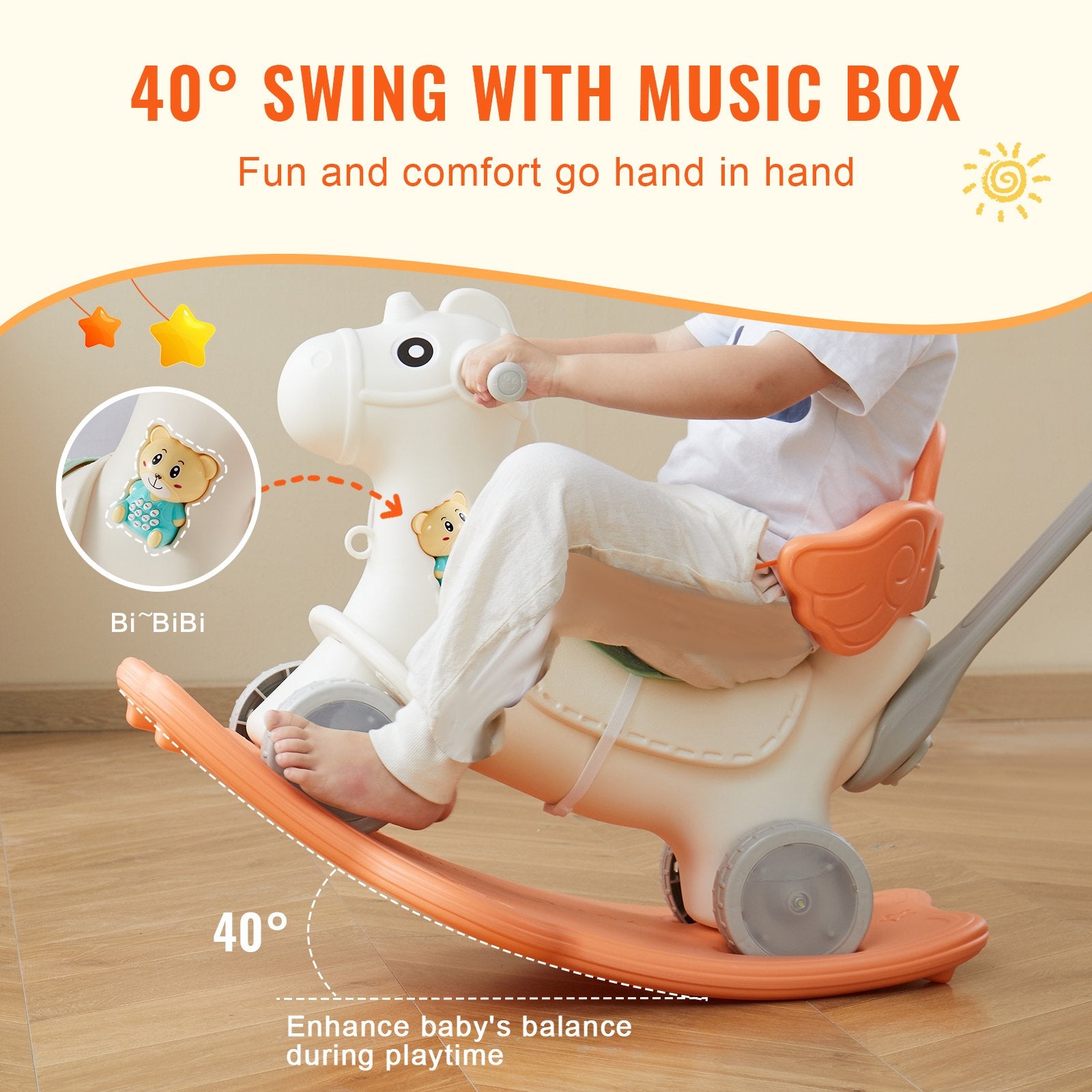 Red 4-in-1 Toddler Rocking Horse with Balance Board, Push Handle, Smooth Wheels, 80 lbs Capacity, HDPE Ride-On Toy with Sound, Ages 1-3