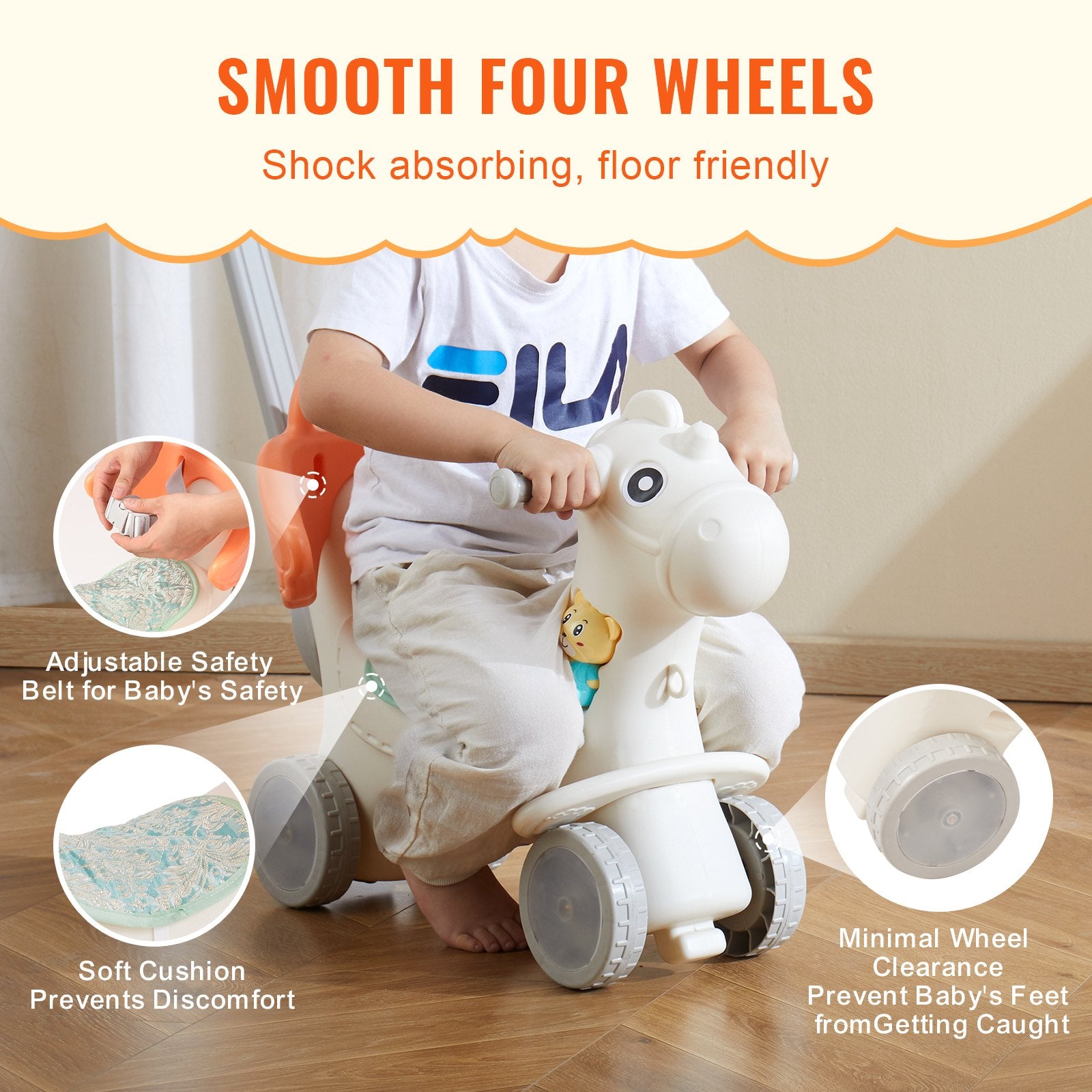 Red 4-in-1 Toddler Rocking Horse with Balance Board, Push Handle, Smooth Wheels, 80 lbs Capacity, HDPE Ride-On Toy with Sound, Ages 1-3