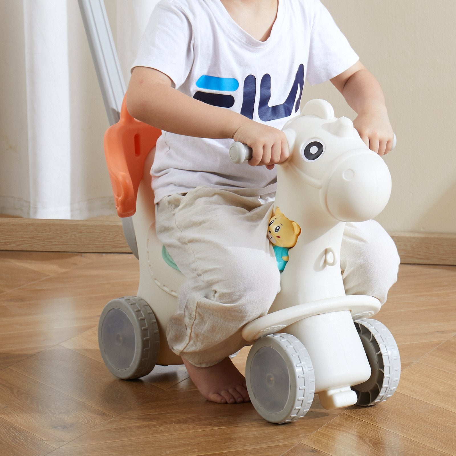 Red 4-in-1 Toddler Rocking Horse with Balance Board, Push Handle, Smooth Wheels, 80 lbs Capacity, HDPE Ride-On Toy with Sound, Ages 1-3