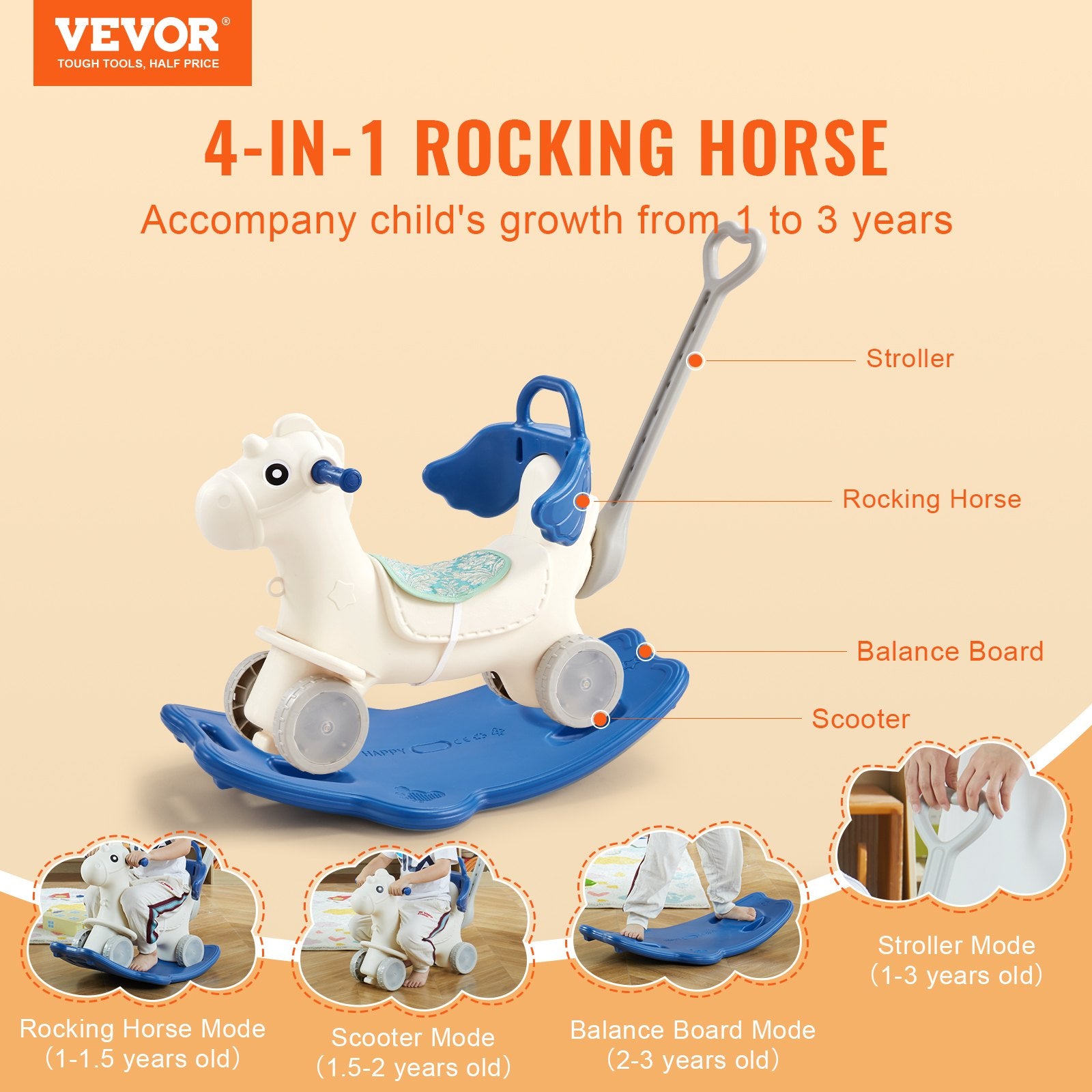 4-in-1 Toddler Rocking Horse with Detachable Balance Board, Push Handle, Smooth Wheels, Sound, HDPE, 80 lbs Capacity, Blue
