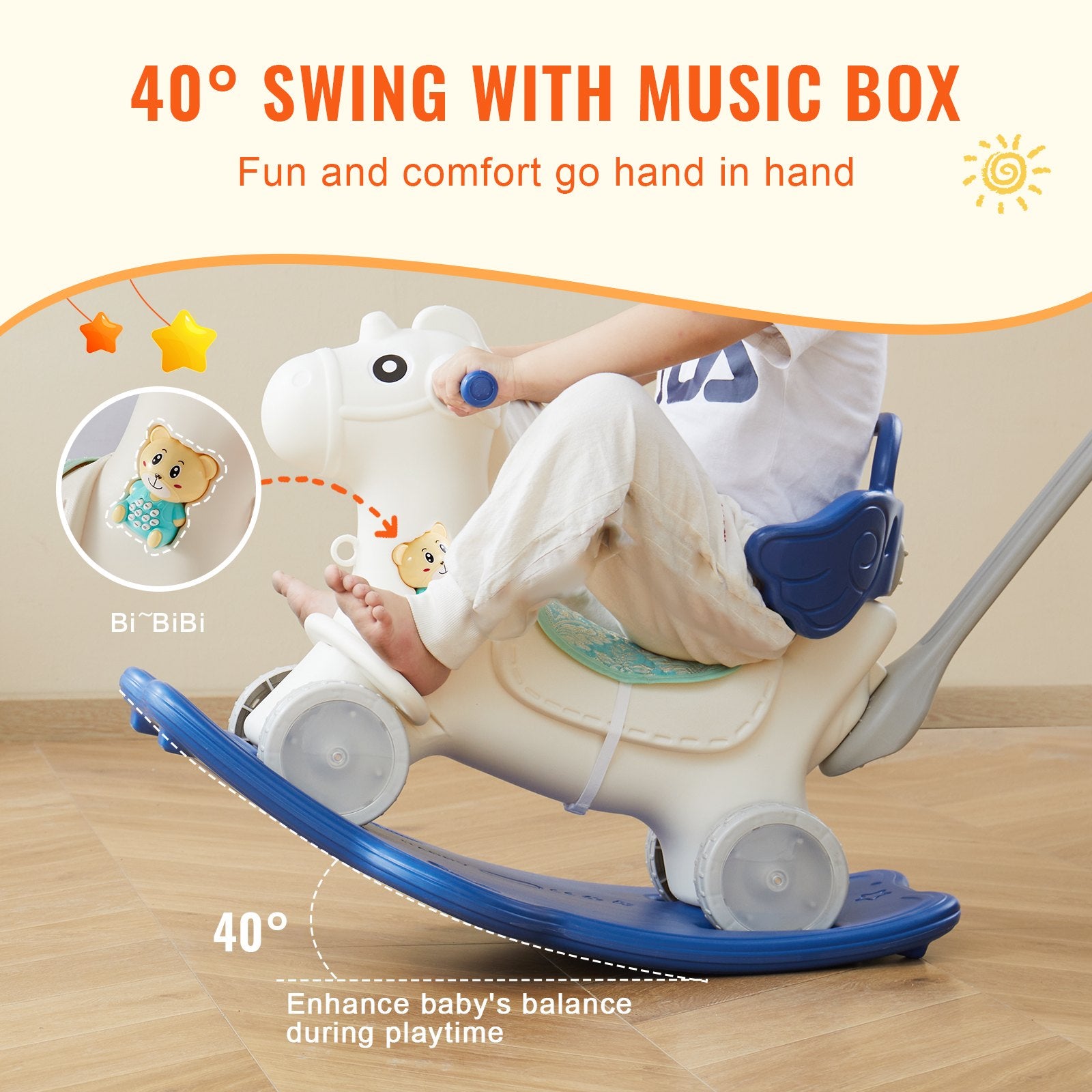 4-in-1 Toddler Rocking Horse with Detachable Balance Board, Push Handle, Smooth Wheels, Sound, HDPE, 80 lbs Capacity, Blue