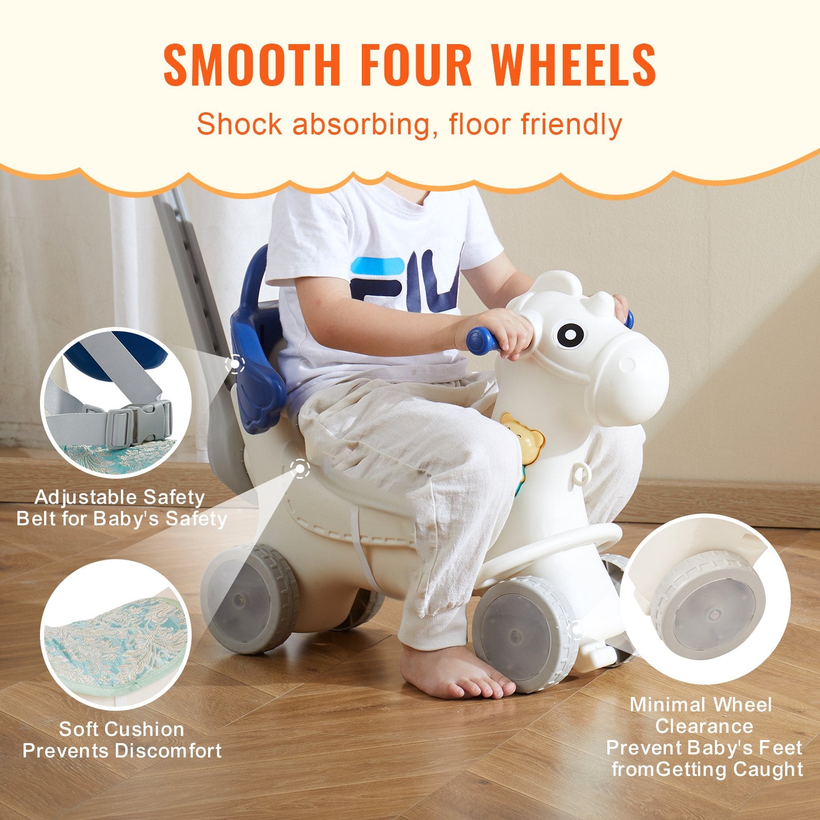 4-in-1 Toddler Rocking Horse with Detachable Balance Board, Push Handle, Smooth Wheels, Sound, HDPE, 80 lbs Capacity, Blue