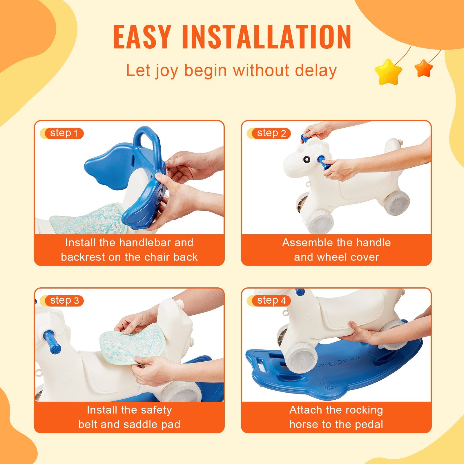 4-in-1 Toddler Rocking Horse with Detachable Balance Board, Push Handle, Smooth Wheels, Sound, HDPE, 80 lbs Capacity, Blue