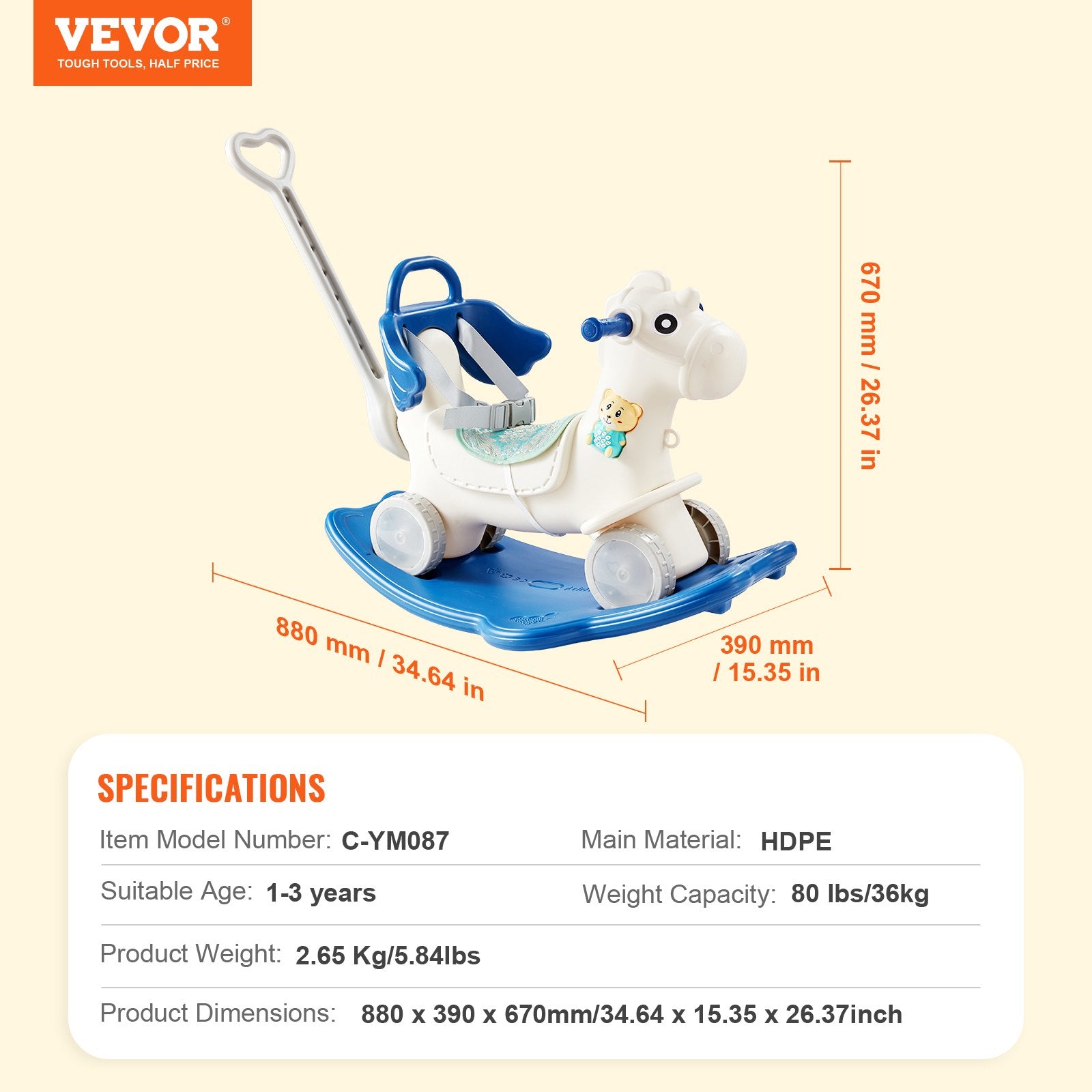 4-in-1 Toddler Rocking Horse with Detachable Balance Board, Push Handle, Smooth Wheels, Sound, HDPE, 80 lbs Capacity, Blue