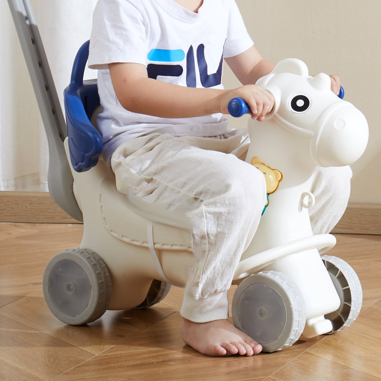 4-in-1 Toddler Rocking Horse with Detachable Balance Board, Push Handle, Smooth Wheels, Sound, HDPE, 80 lbs Capacity, Blue