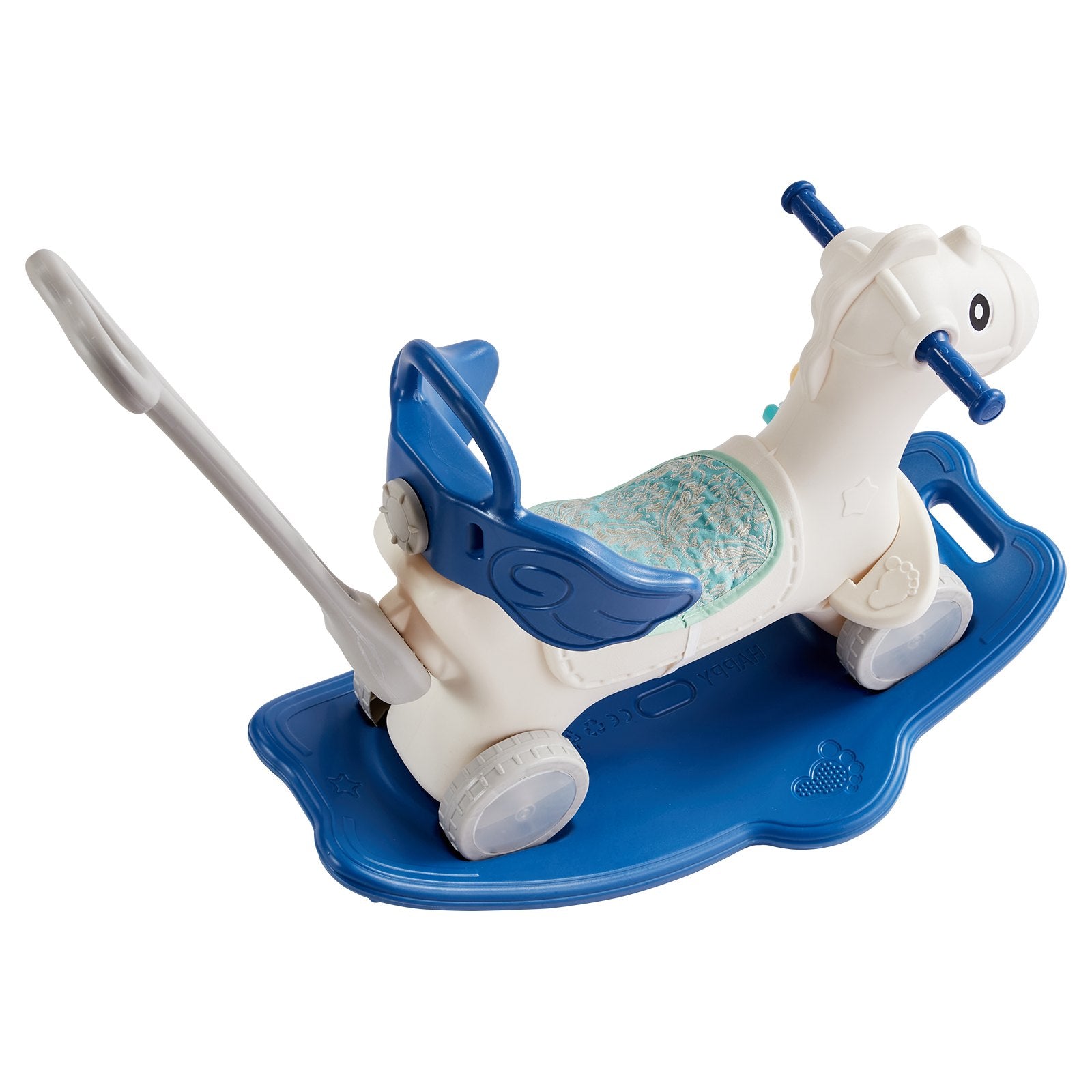 4-in-1 Toddler Rocking Horse with Detachable Balance Board, Push Handle, Smooth Wheels, Sound, HDPE, 80 lbs Capacity, Blue