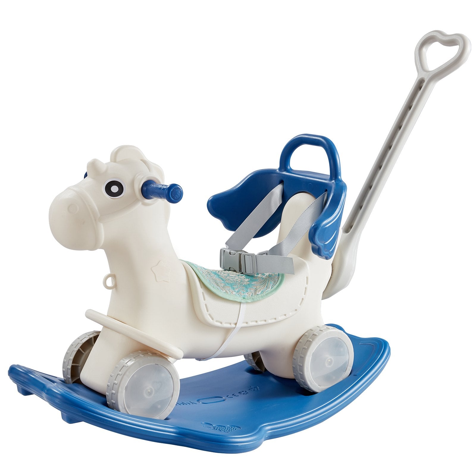 4-in-1 Toddler Rocking Horse with Detachable Balance Board, Push Handle, Smooth Wheels, Sound, HDPE, 80 lbs Capacity, Blue