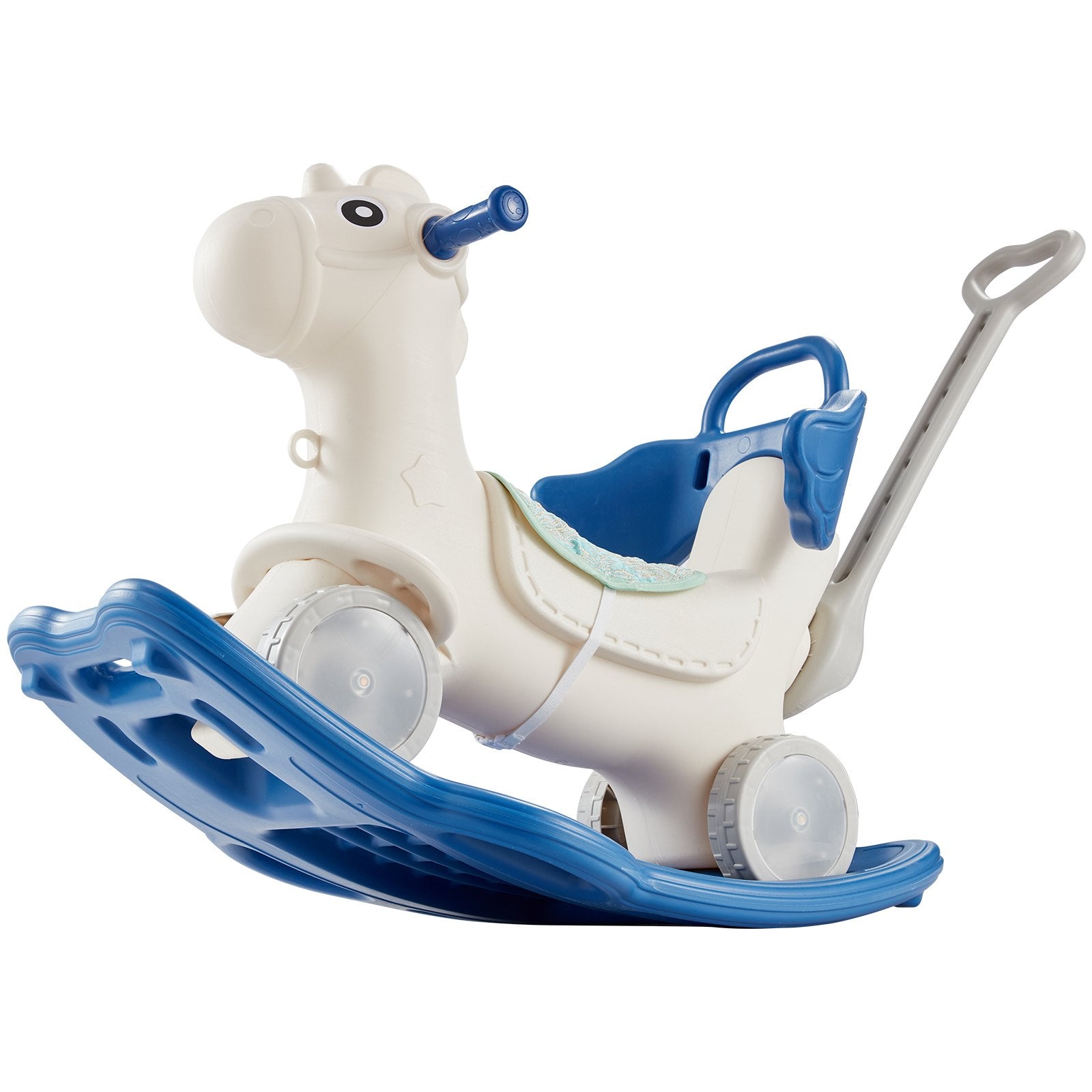4-in-1 Toddler Rocking Horse with Detachable Balance Board, Push Handle, Smooth Wheels, Sound, HDPE, 80 lbs Capacity, Blue