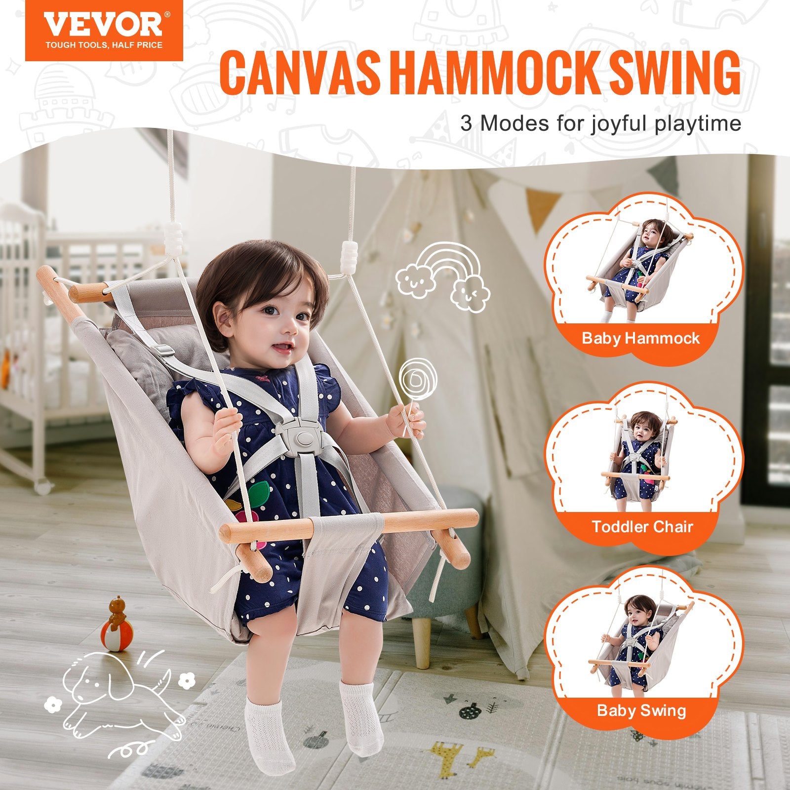 Canvas Hammock Swing: Versatile Baby to Toddler Swing with 5-Point Harness, Tree Straps, Cushion, 150lbs Capacity for Indoor/Outdoor Fun