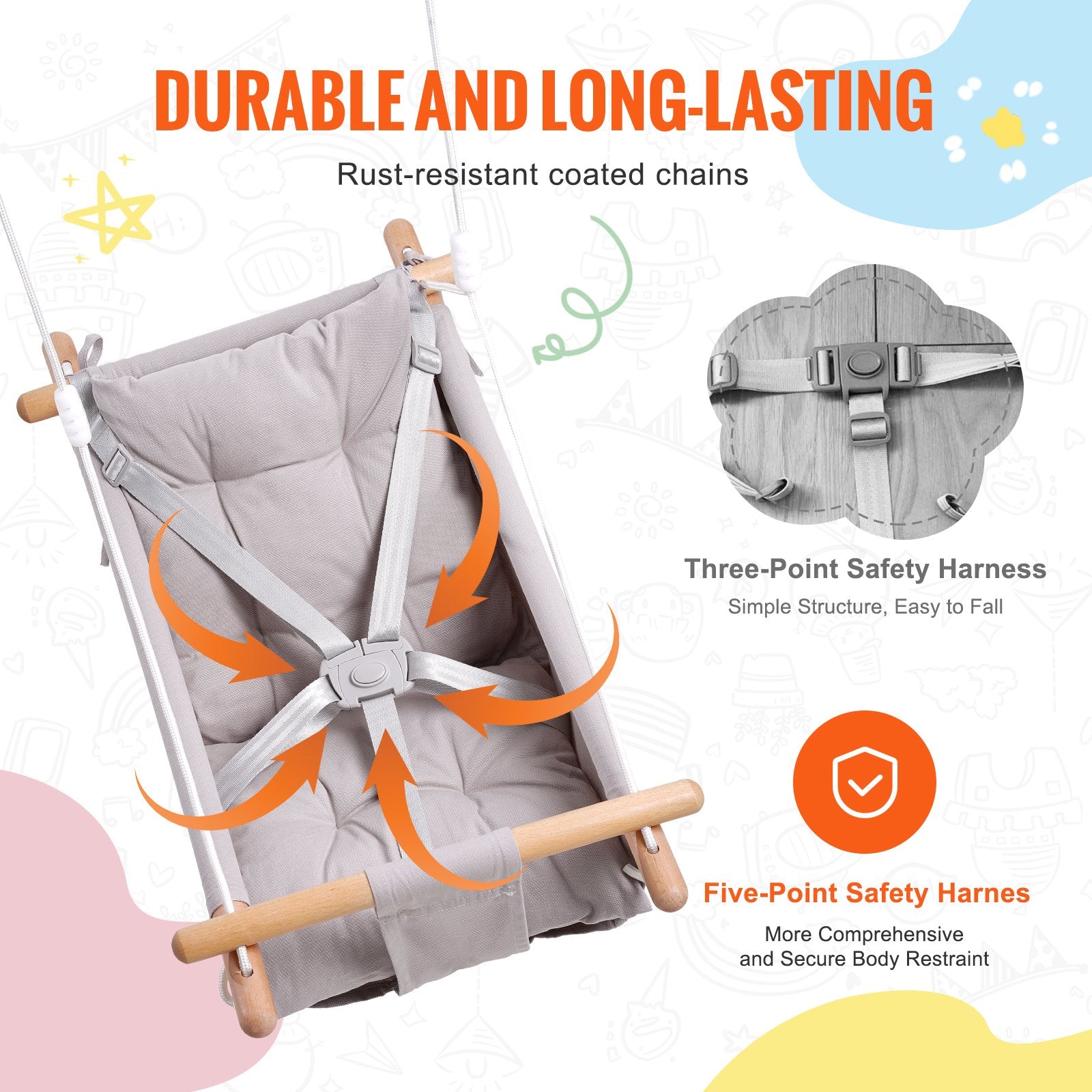 Canvas Hammock Swing: Versatile Baby to Toddler Swing with 5-Point Harness, Tree Straps, Cushion, 150lbs Capacity for Indoor/Outdoor Fun