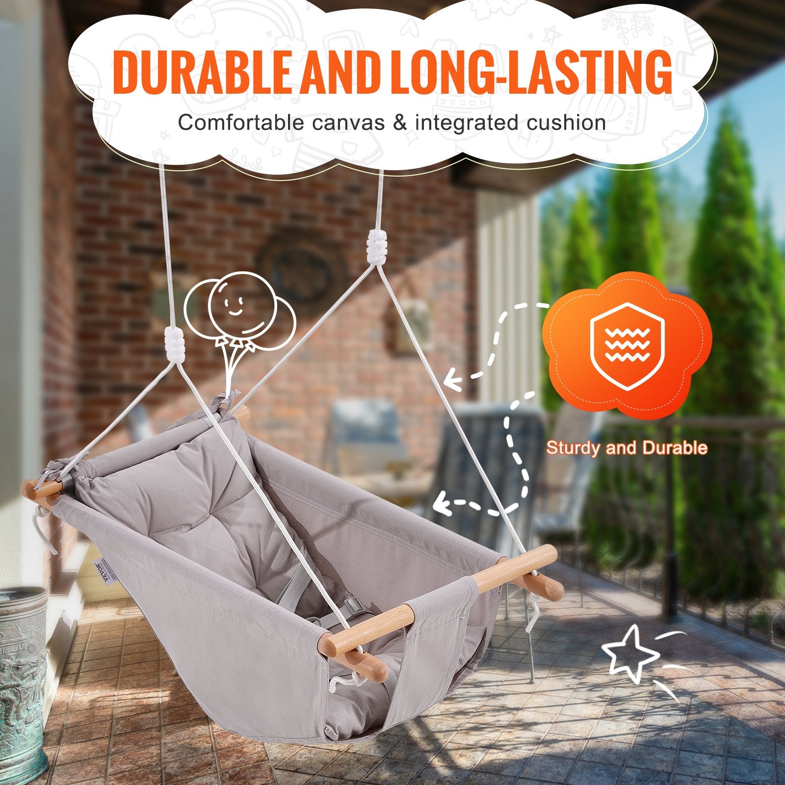 Canvas Hammock Swing: Versatile Baby to Toddler Swing with 5-Point Harness, Tree Straps, Cushion, 150lbs Capacity for Indoor/Outdoor Fun