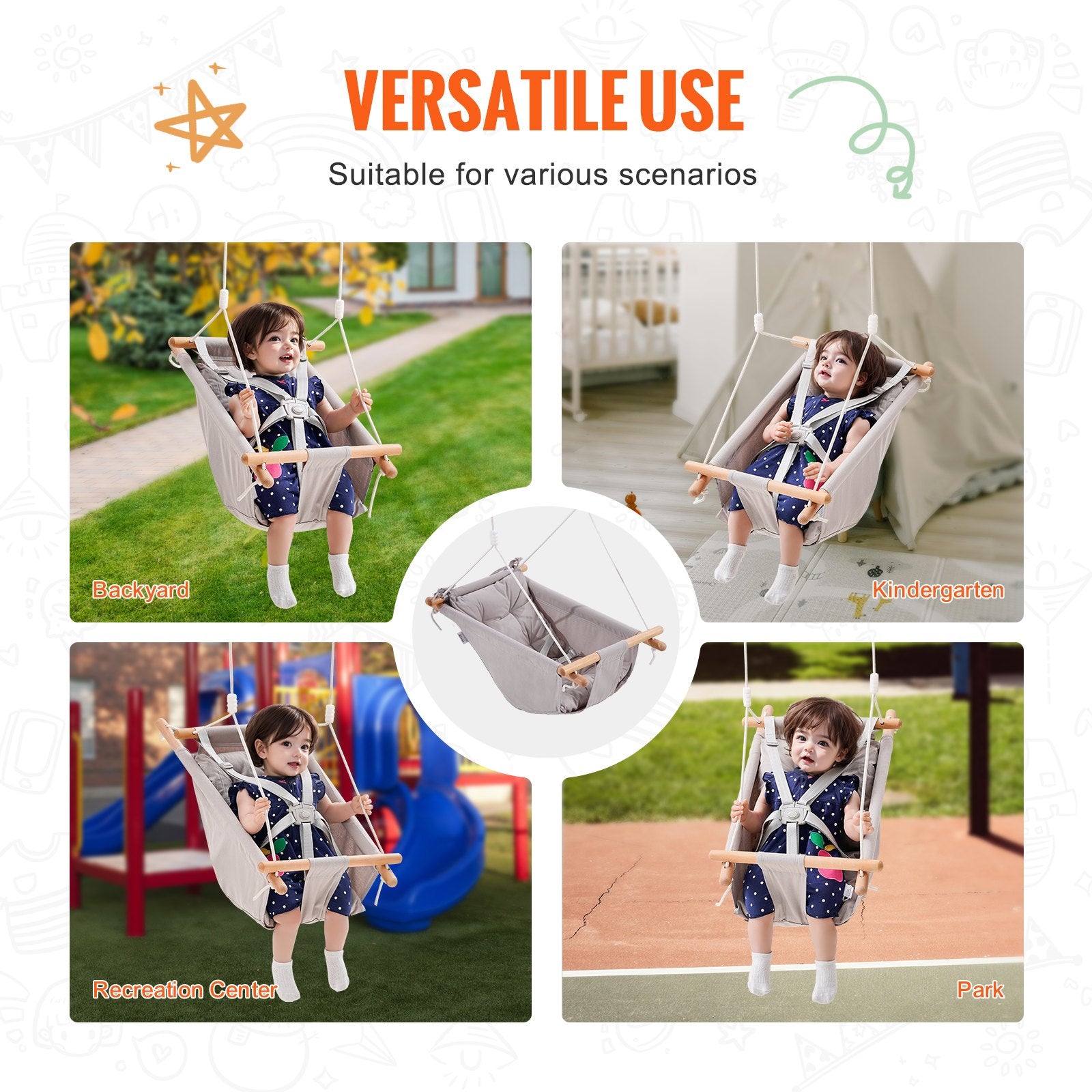 Canvas Hammock Swing: Versatile Baby to Toddler Swing with 5-Point Harness, Tree Straps, Cushion, 150lbs Capacity for Indoor/Outdoor Fun