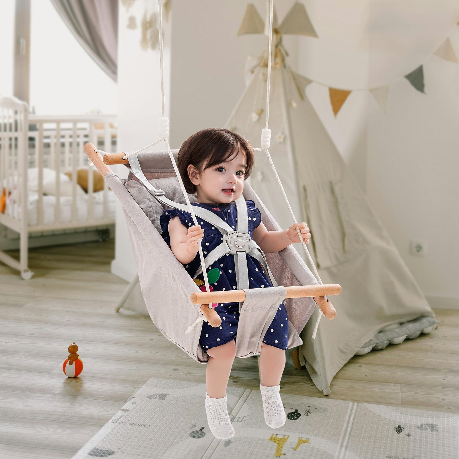 Canvas Hammock Swing: Versatile Baby to Toddler Swing with 5-Point Harness, Tree Straps, Cushion, 150lbs Capacity for Indoor/Outdoor Fun