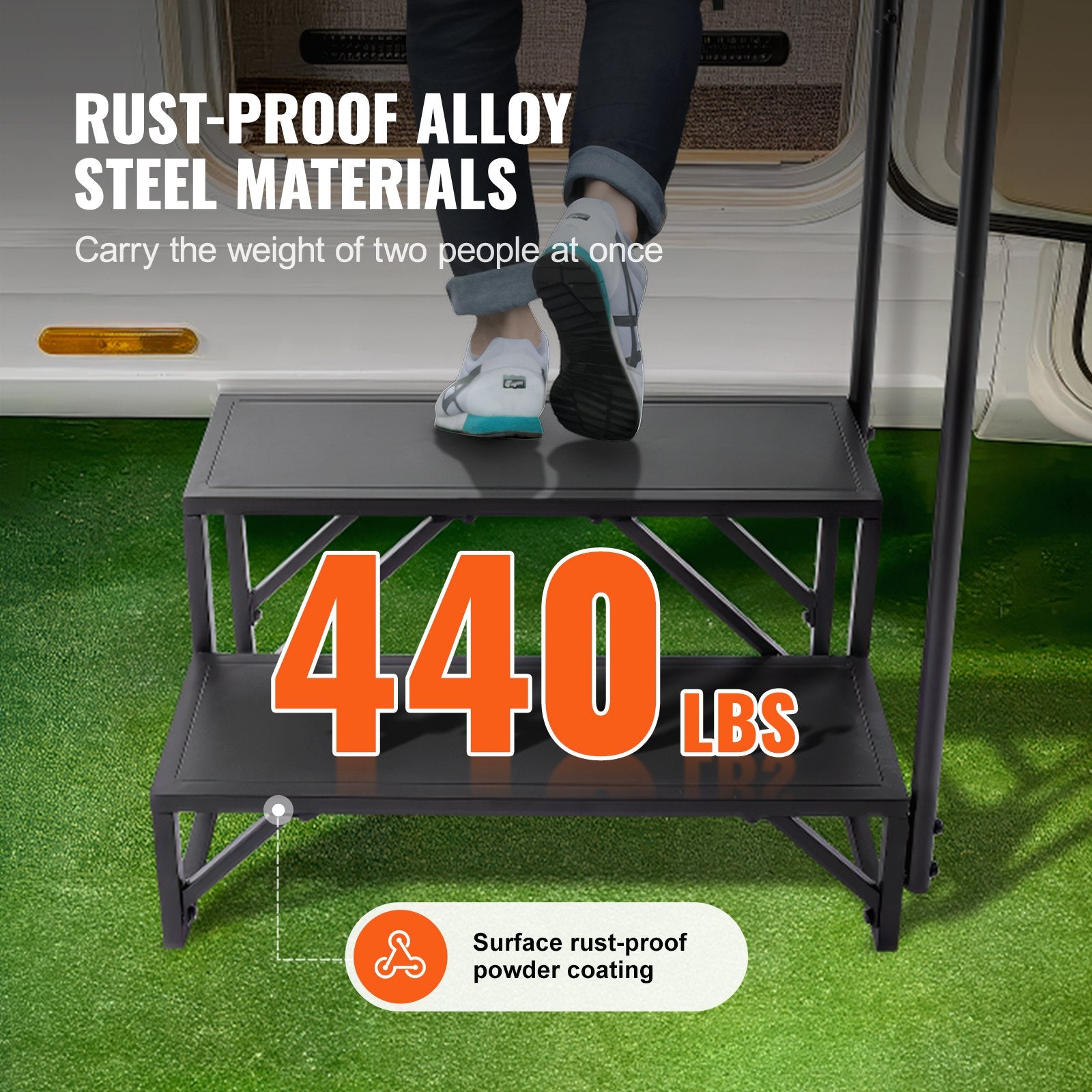 2-Step RV Stairs with Handrail, 440 LBS Capacity, Carbon Steel, Non-Slip Steps for Safe RV, Trailer, Camper Entry and Exit