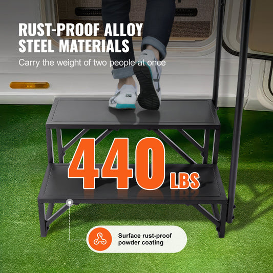 2-Step RV Stairs with Handrail, 440 LBS Capacity, Carbon Steel, Non-Slip Steps for Safe RV, Trailer, Camper Entry and Exit