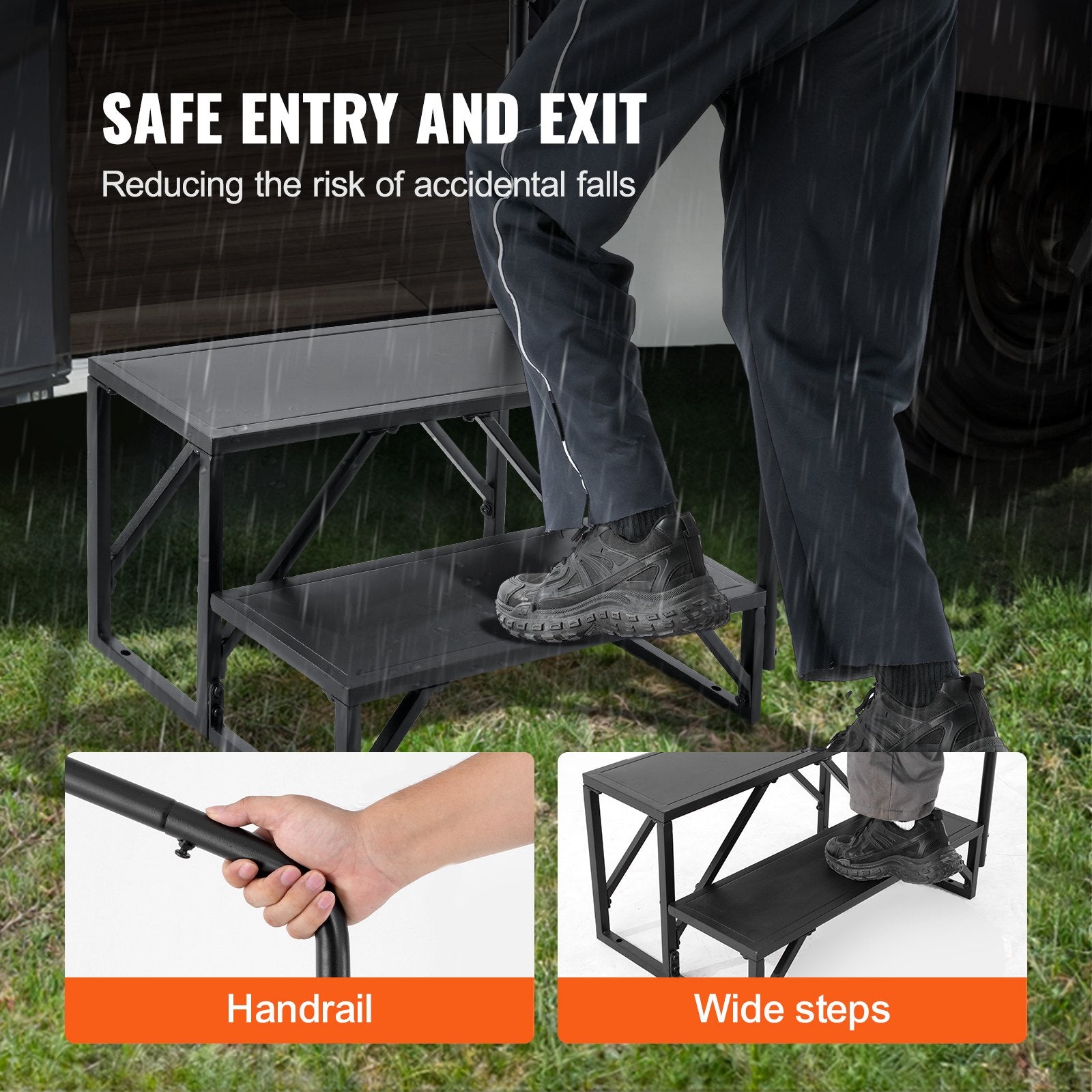 2-Step RV Stairs with Handrail, 440 LBS Capacity, Carbon Steel, Non-Slip Steps for Safe RV, Trailer, Camper Entry and Exit