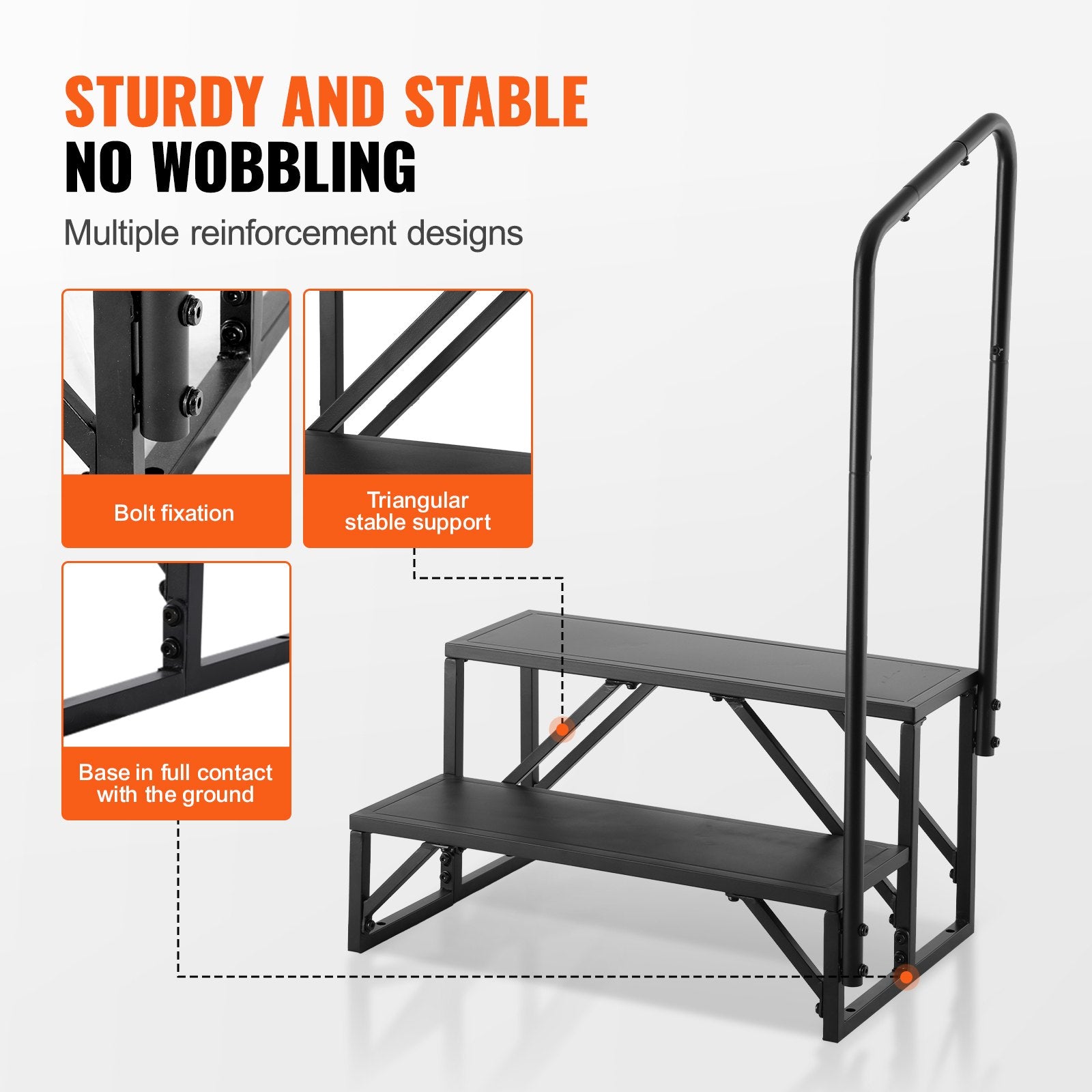 2-Step RV Stairs with Handrail, 440 LBS Capacity, Carbon Steel, Non-Slip Steps for Safe RV, Trailer, Camper Entry and Exit