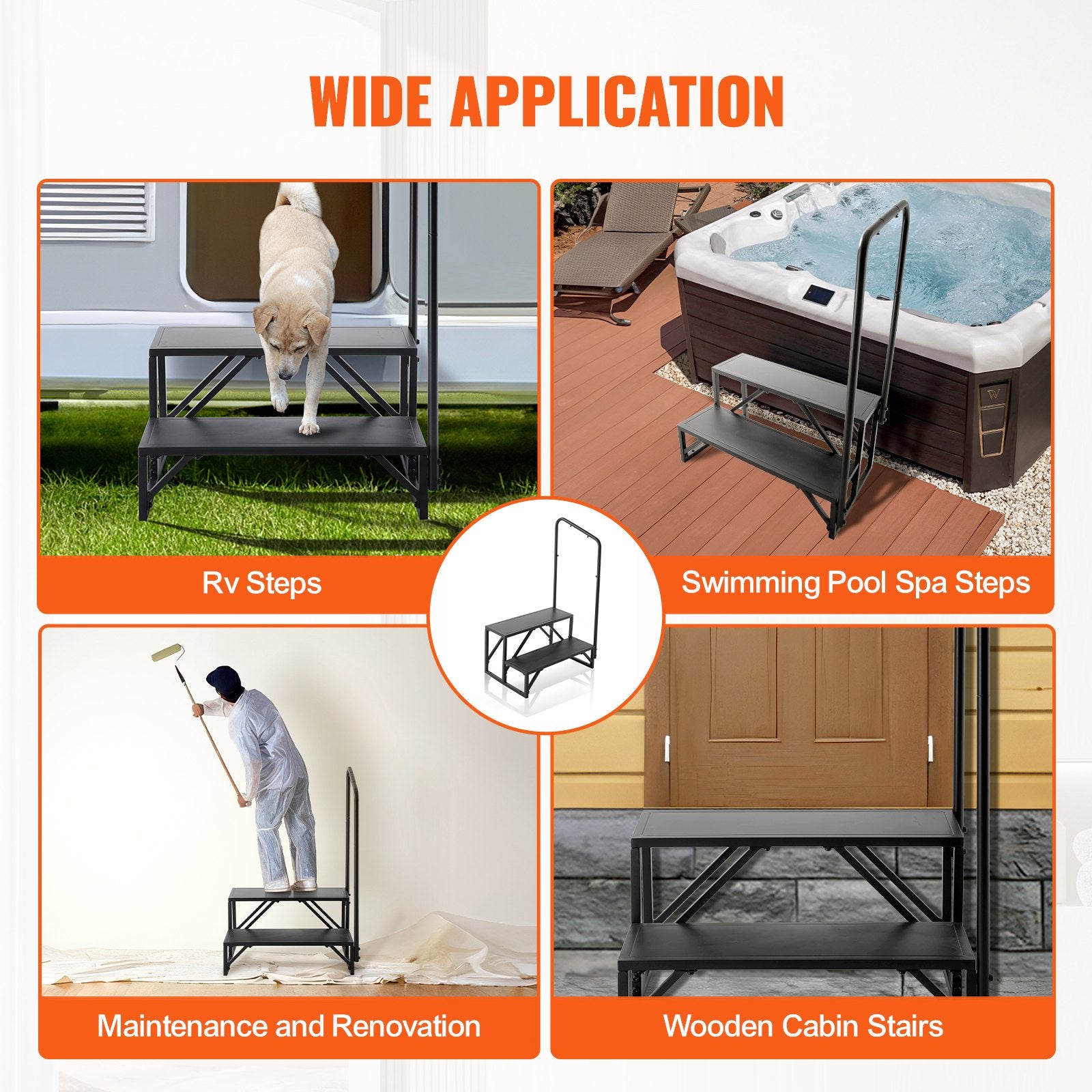 2-Step RV Stairs with Handrail, 440 LBS Capacity, Carbon Steel, Non-Slip Steps for Safe RV, Trailer, Camper Entry and Exit