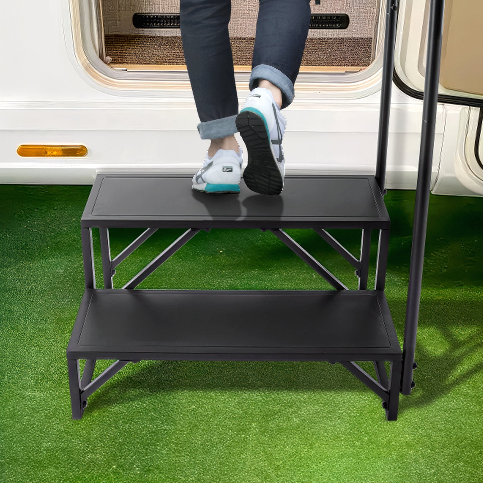 2-Step RV Stairs with Handrail, 440 LBS Capacity, Carbon Steel, Non-Slip Steps for Safe RV, Trailer, Camper Entry and Exit