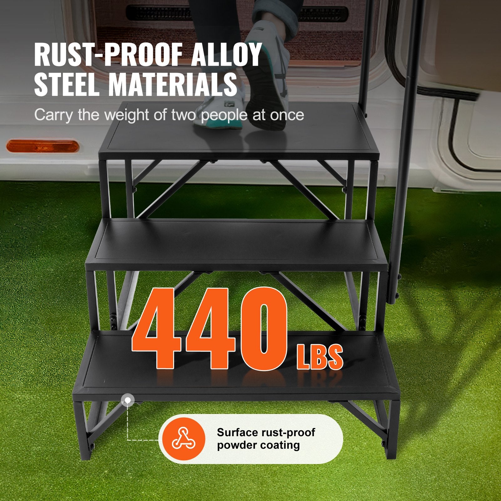 3-Step RV Stairs with Handrail - Heavy-Duty 440 LBS Capacity, Non-Slip Carbon Steel Steps for Safe RV, Trailer, Camper Access