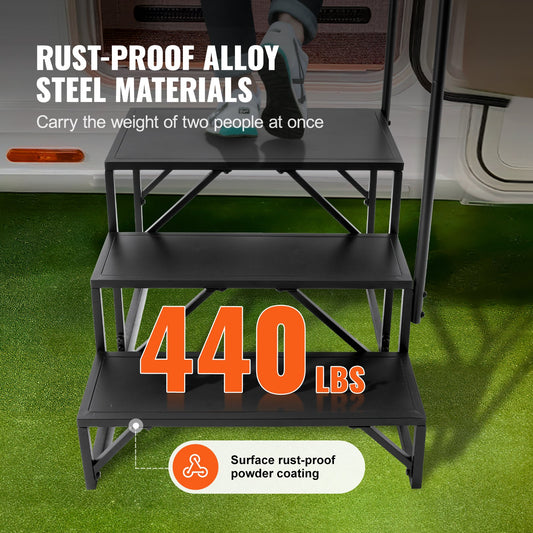 3-Step RV Stairs with Handrail - Heavy-Duty 440 LBS Capacity, Non-Slip Carbon Steel Steps for Safe RV, Trailer, Camper Access